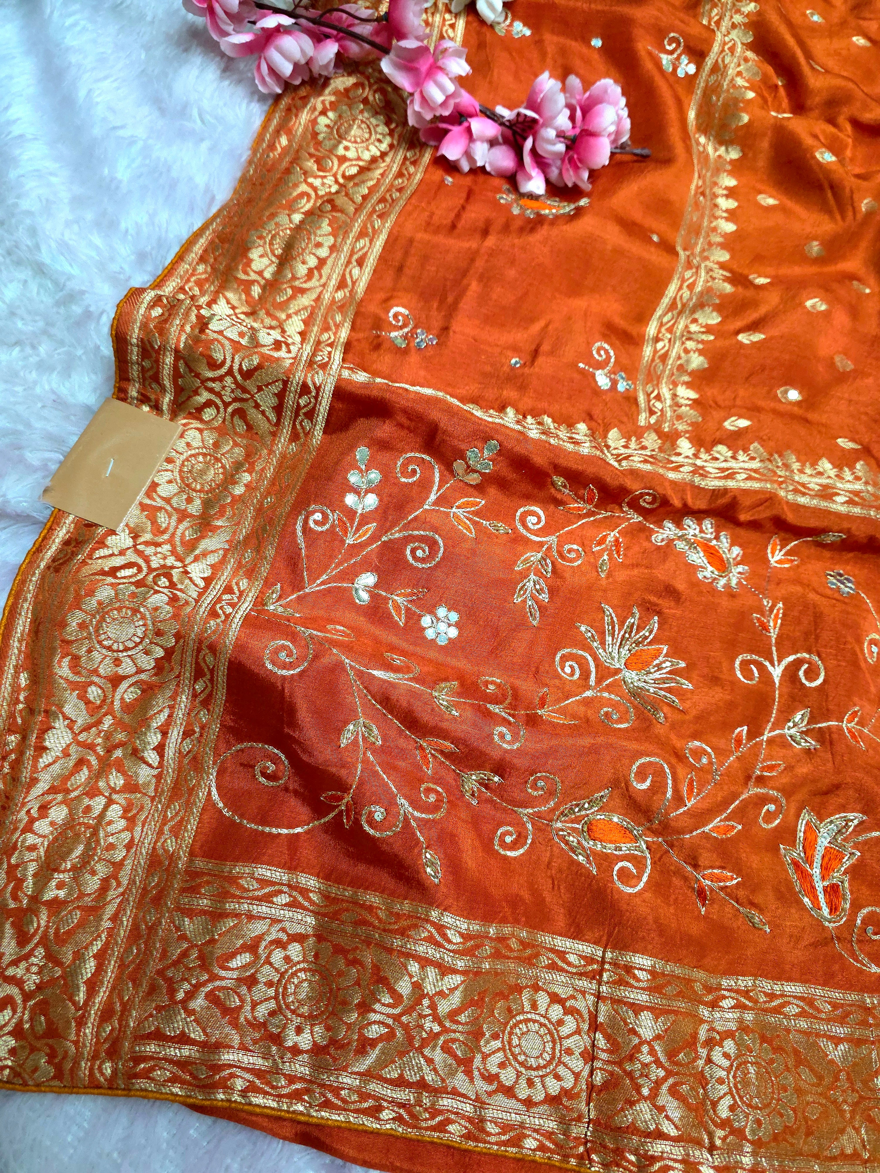 CA0745 Pure Dola Silk Gota Patti and Aari-Tari Work Saree - Orange