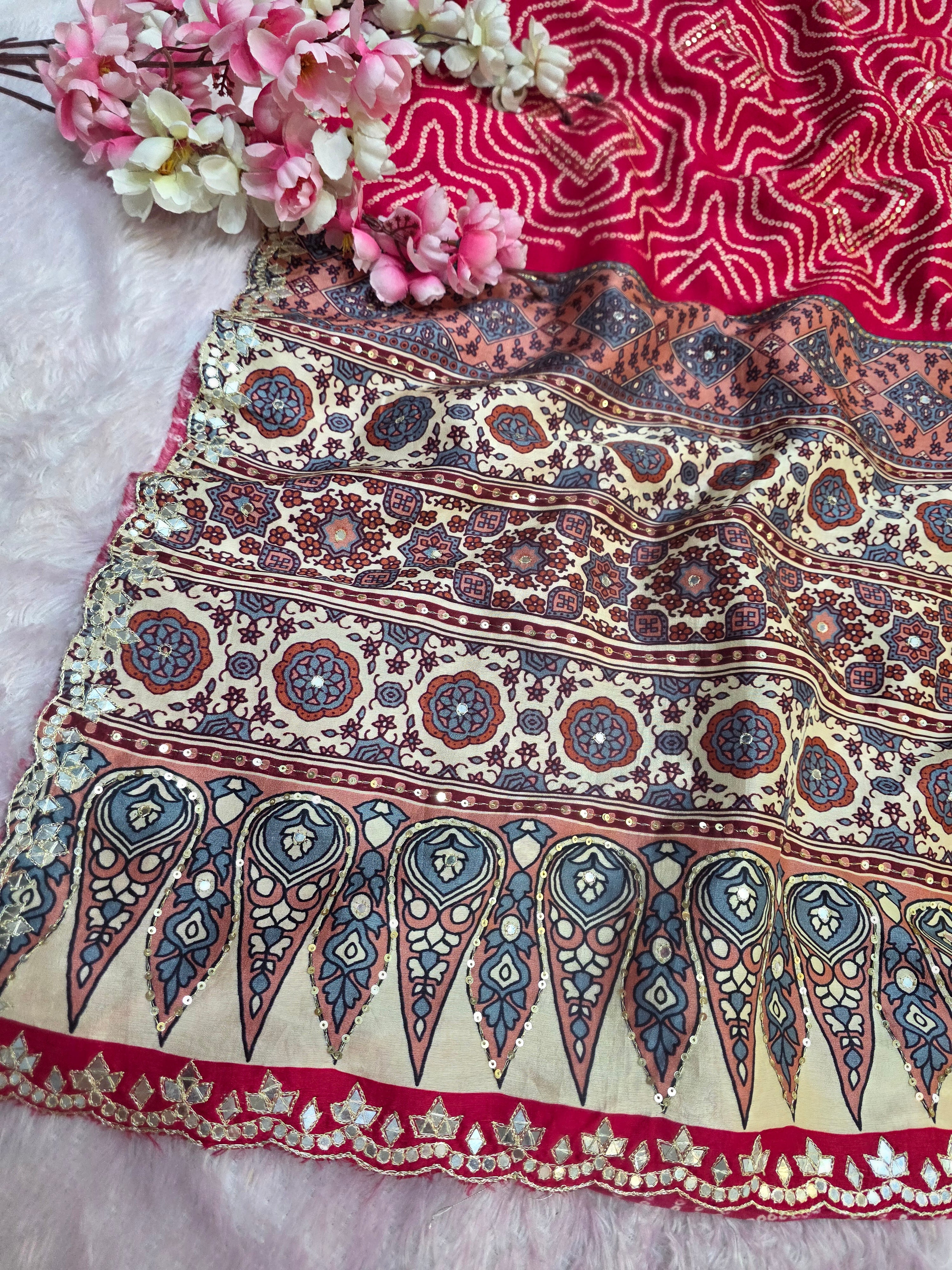 CA0756 Pure Upada Silk Ajrakh and Bandhani Print Saree with Aari-Tari work - Red
