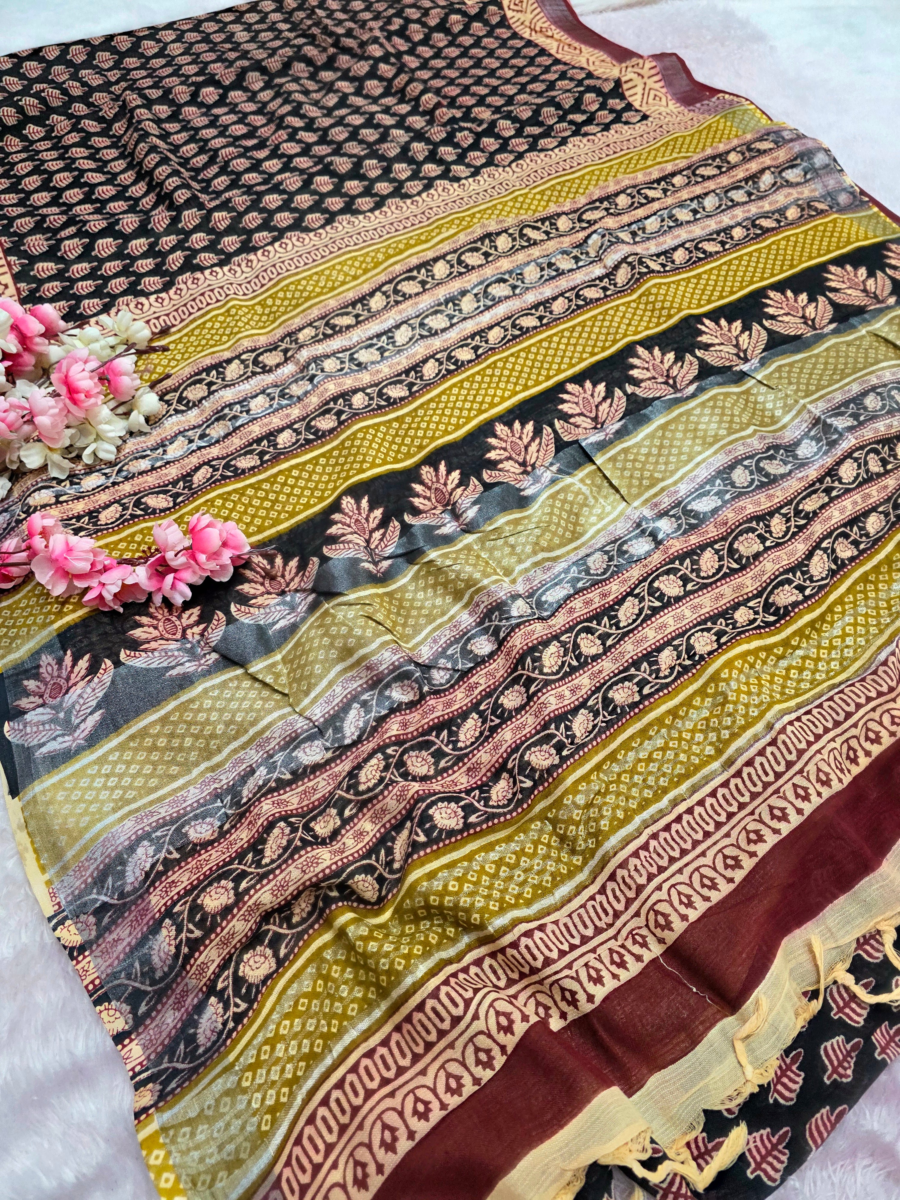 101404 Pure Rajasthani Natural Cotton Linen Hand Printed Saree