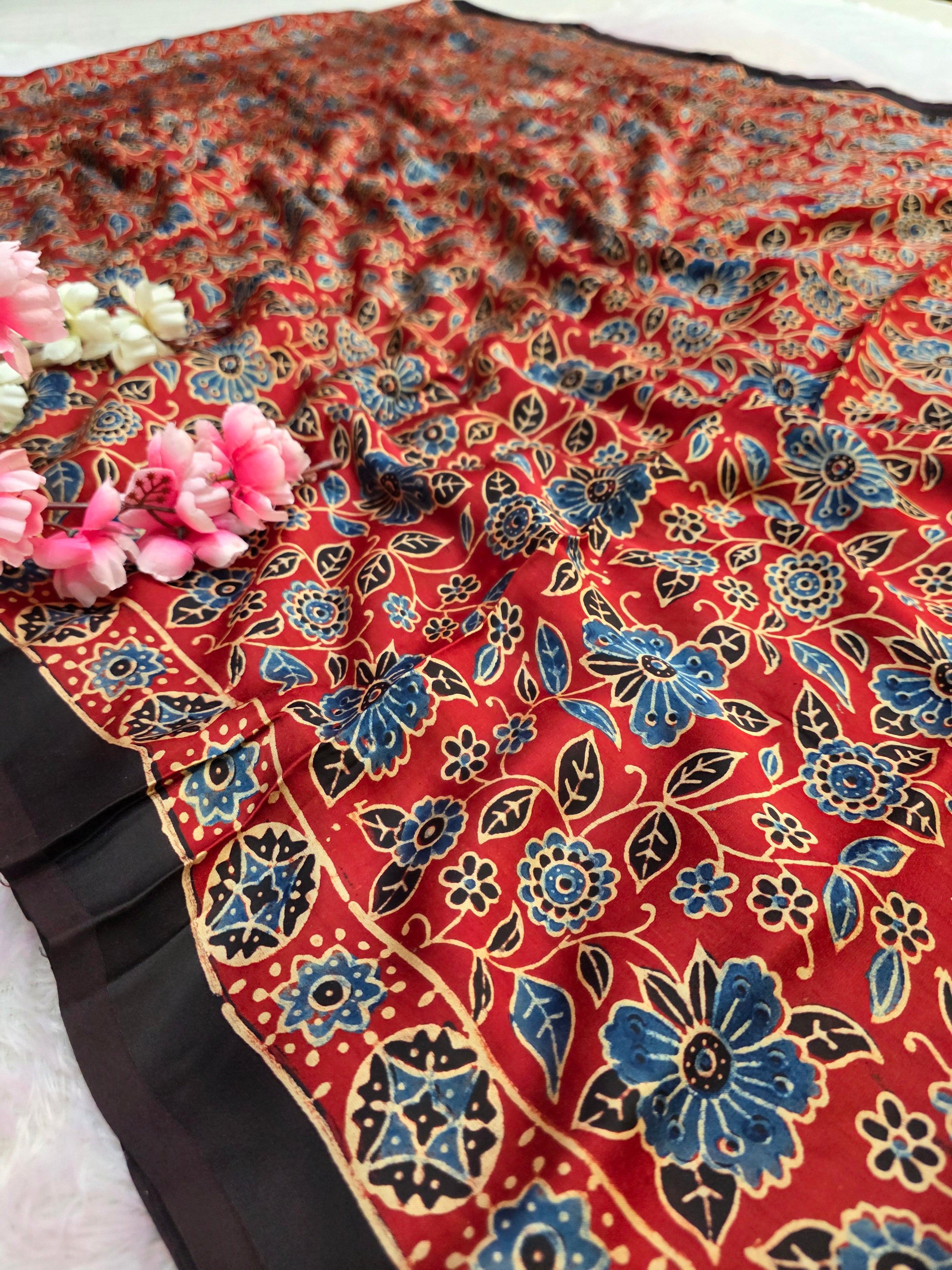 CA0734 Pure Modal Silk Ajrakh Natural Dye Saree Maroon