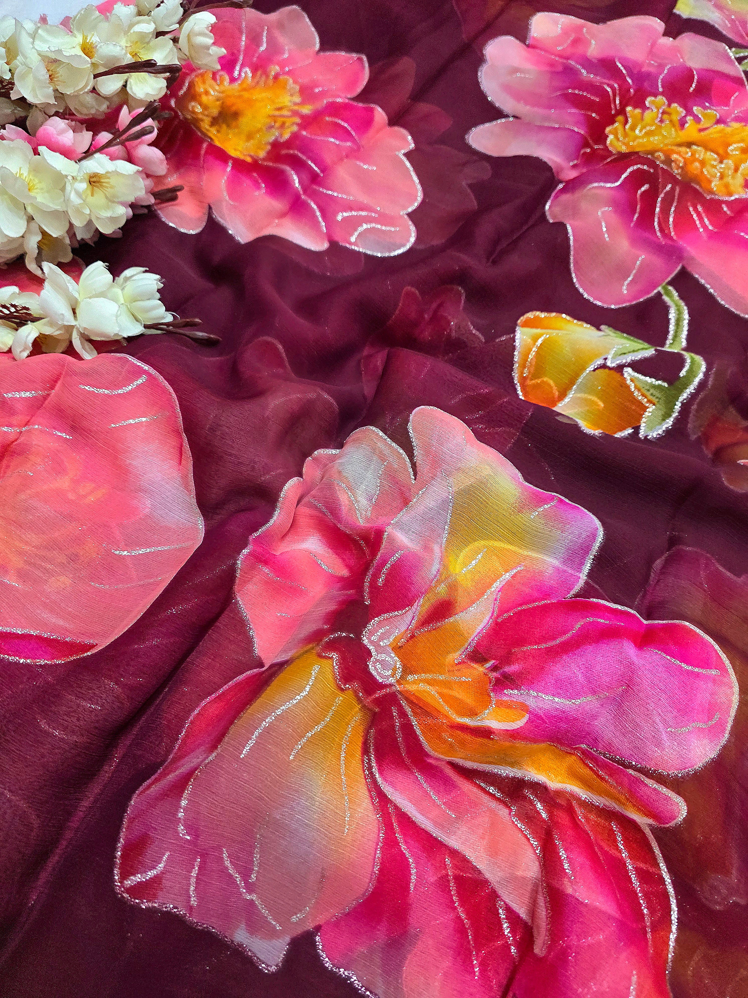 991001 Lightweight Elegant Semi Chiffon Flower Print Saree with Zari Print - Wine