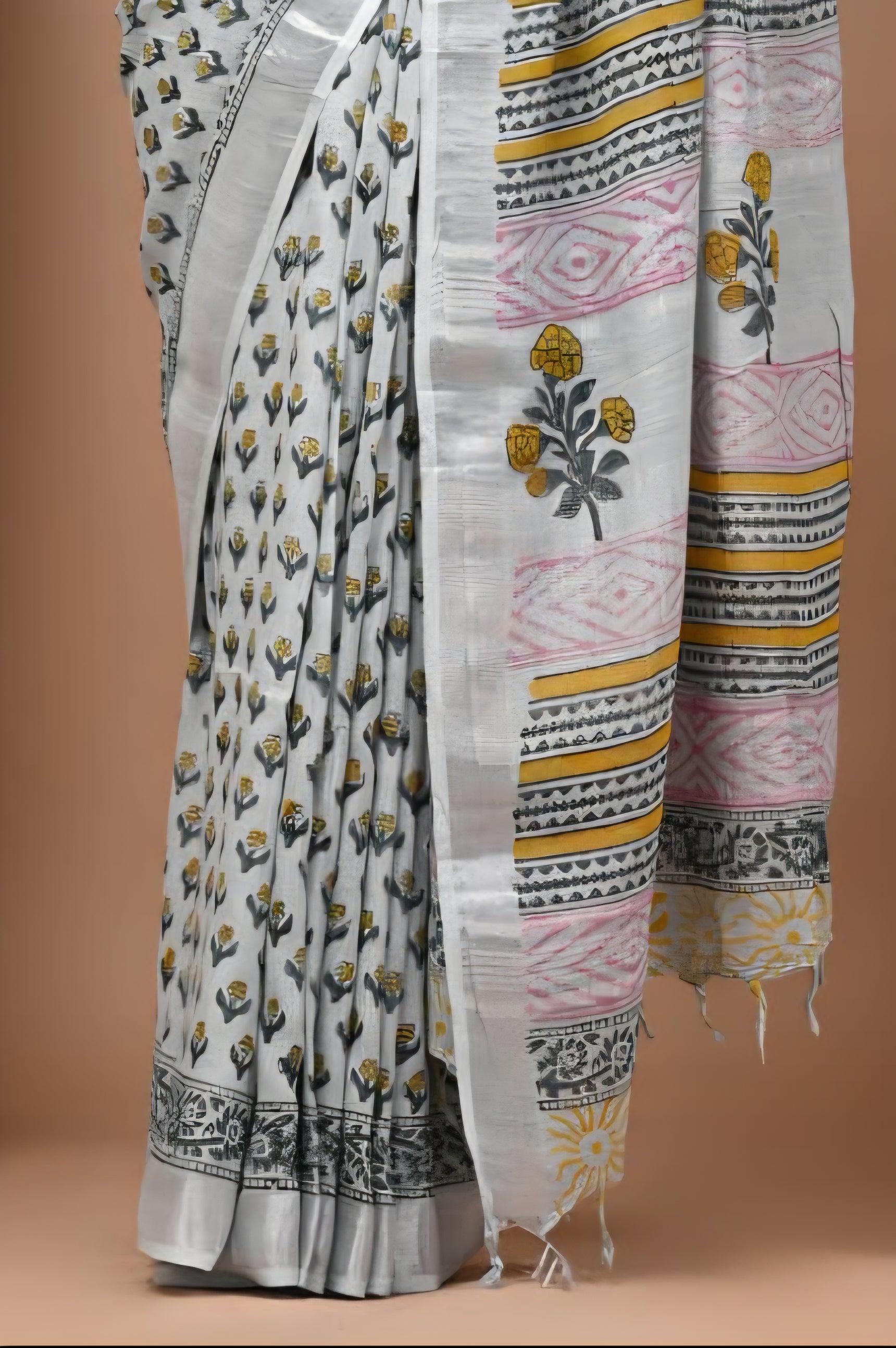 102501 Pure Rajasthani Natural Cotton Linen Hand Printed Saree