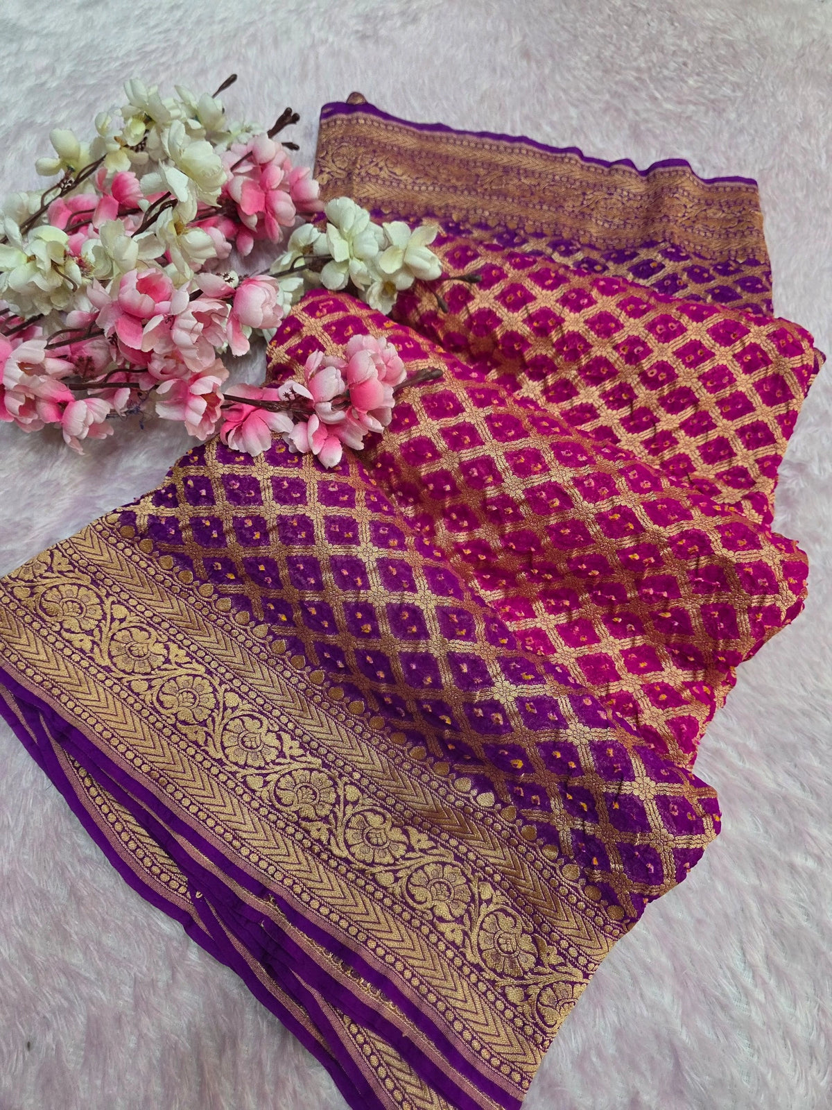 CA1528 Pure Georgette Hand Rai Bandhani Shaded Purple Rani Color Saree