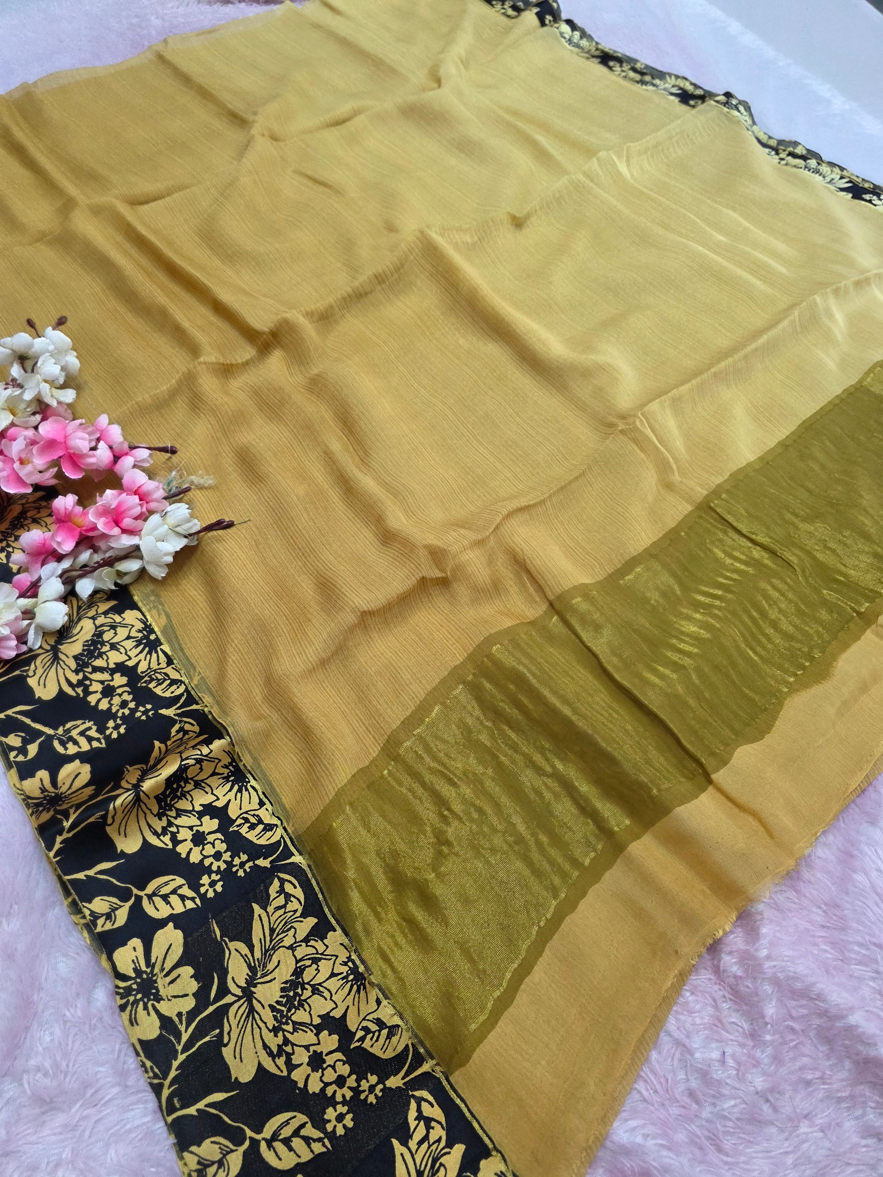 103401 Pure Double Diamond Chiffon Saree with Flower Printed Pure Satin Border