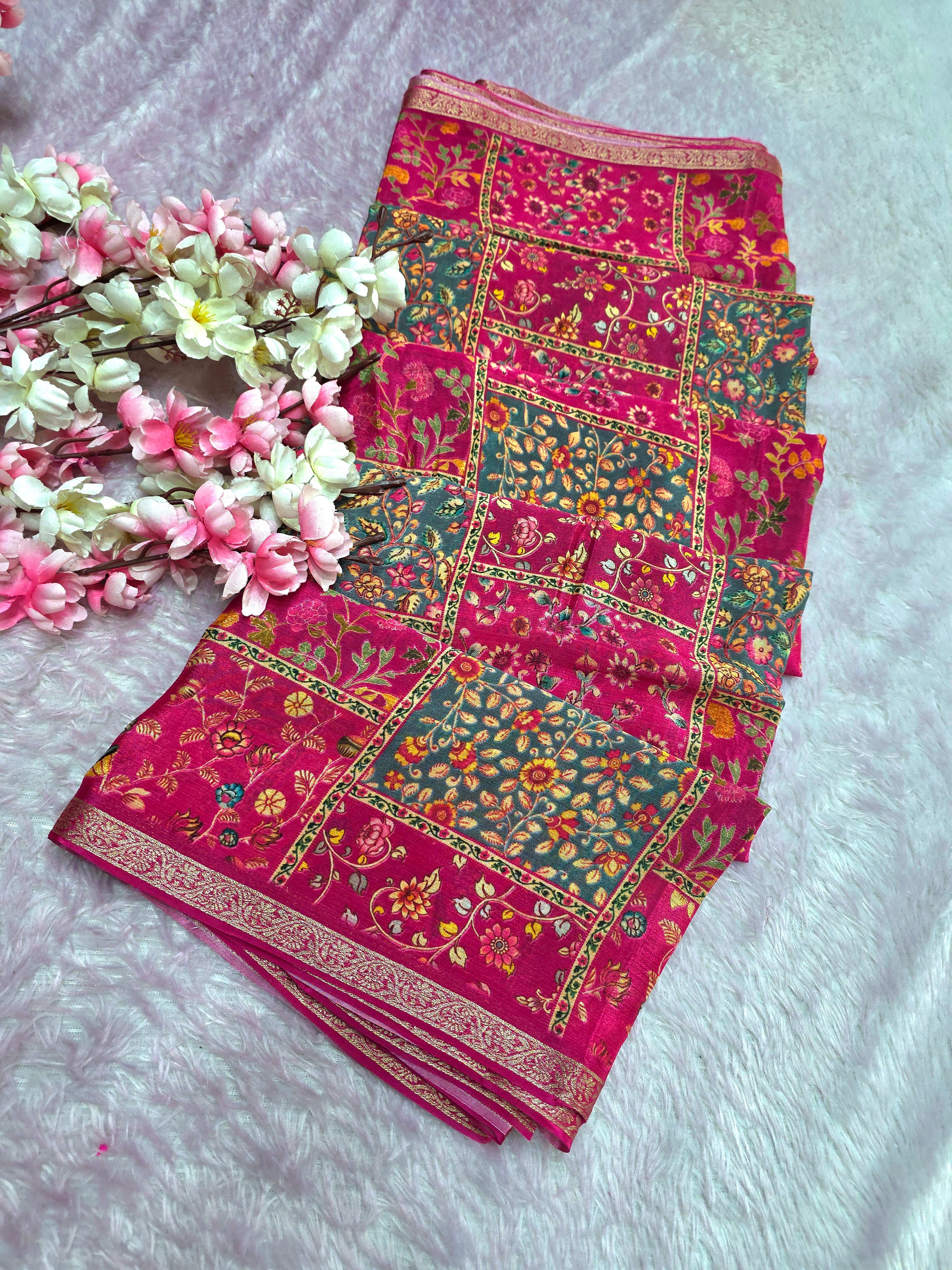 CA0822 Pure Chinon Silk Flower Print Saree - Pink