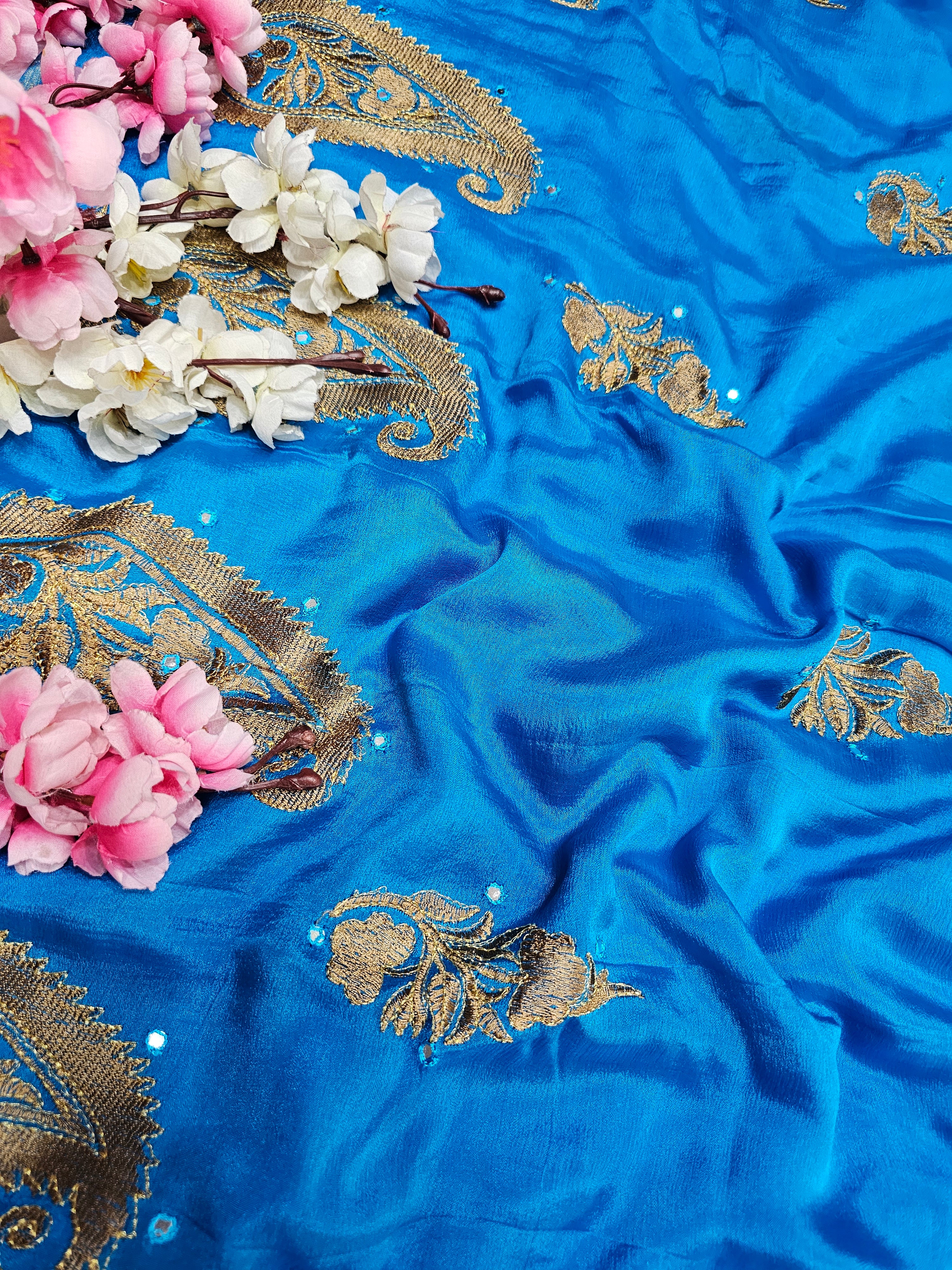 CA649 Pure Exclusive Original Silk Blue Saree with Embroidery and Zari Work