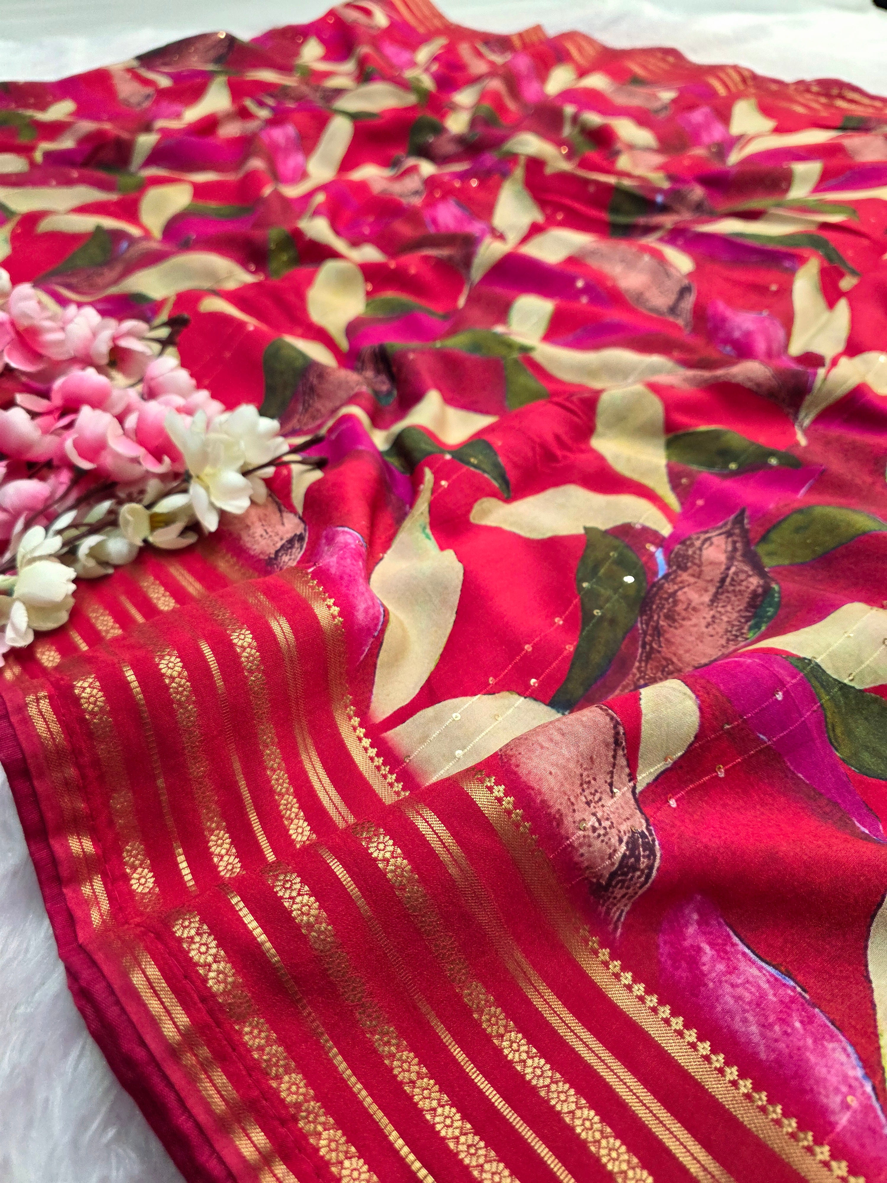 104007 Chitra Special Maslin Silk Designer Flower Print Saree with Zari Weaving Border