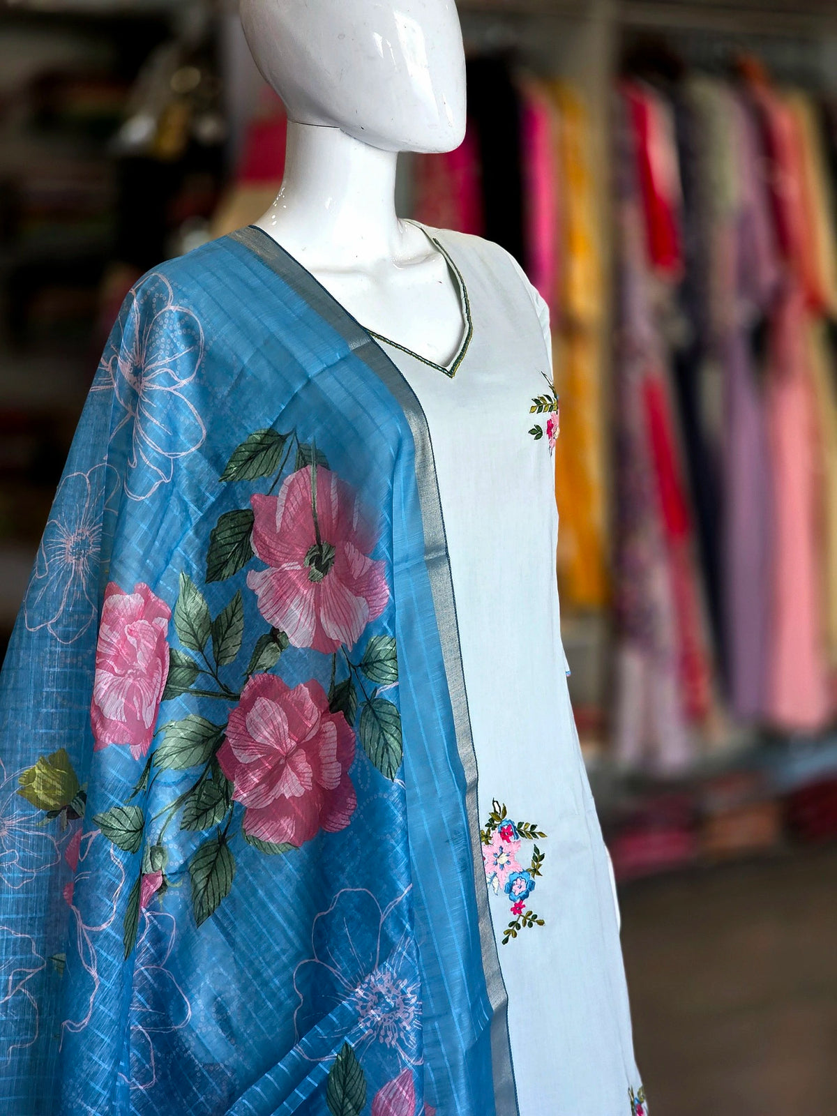2394 Pure Mal Cotton Straight Embroidery Cotton Kurti Set With Pant and Dupatta - Sky Blue