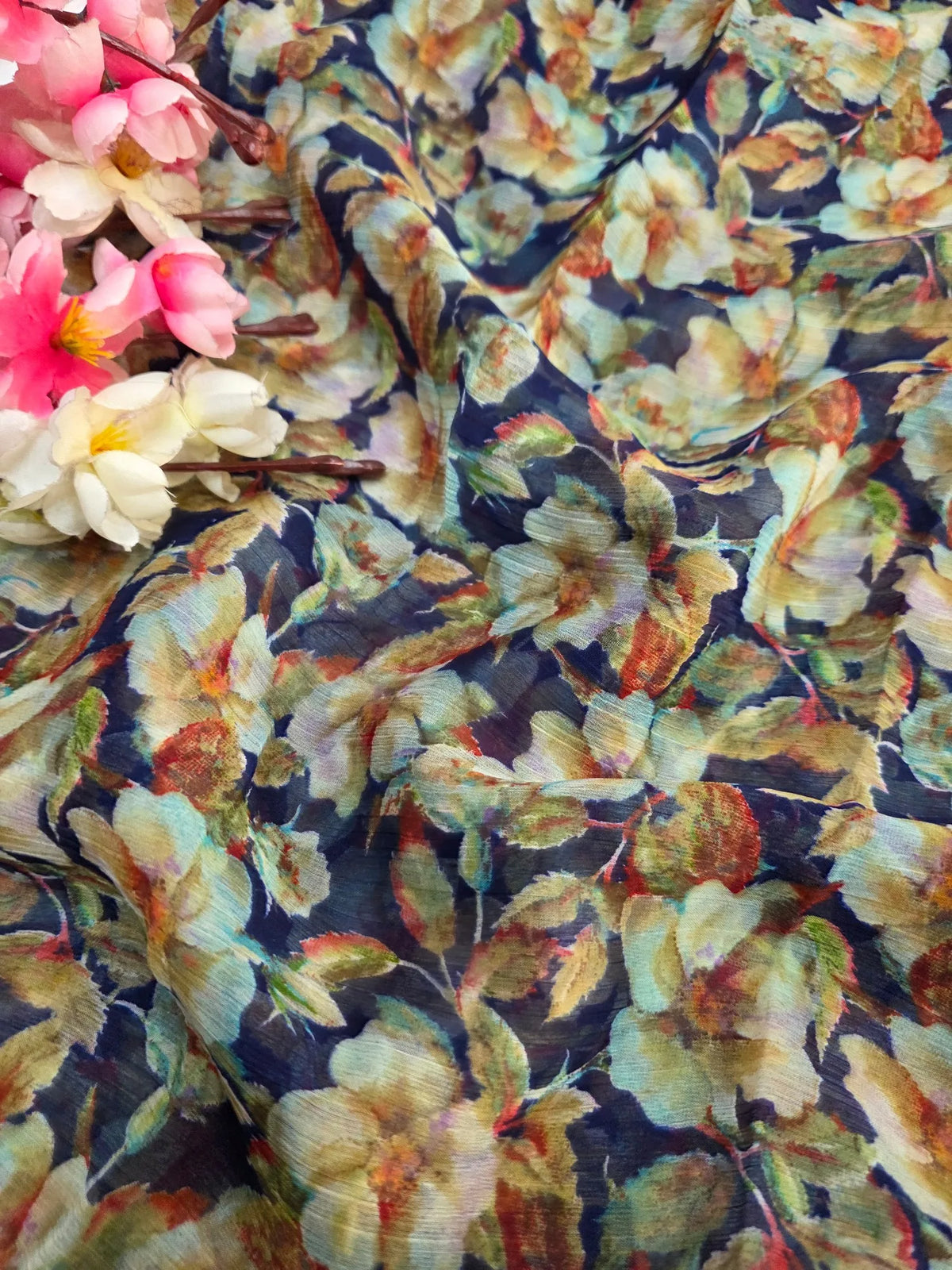 CA1031A Lightweight Elegant Semi Chiffon Flower Print Saree - Blue