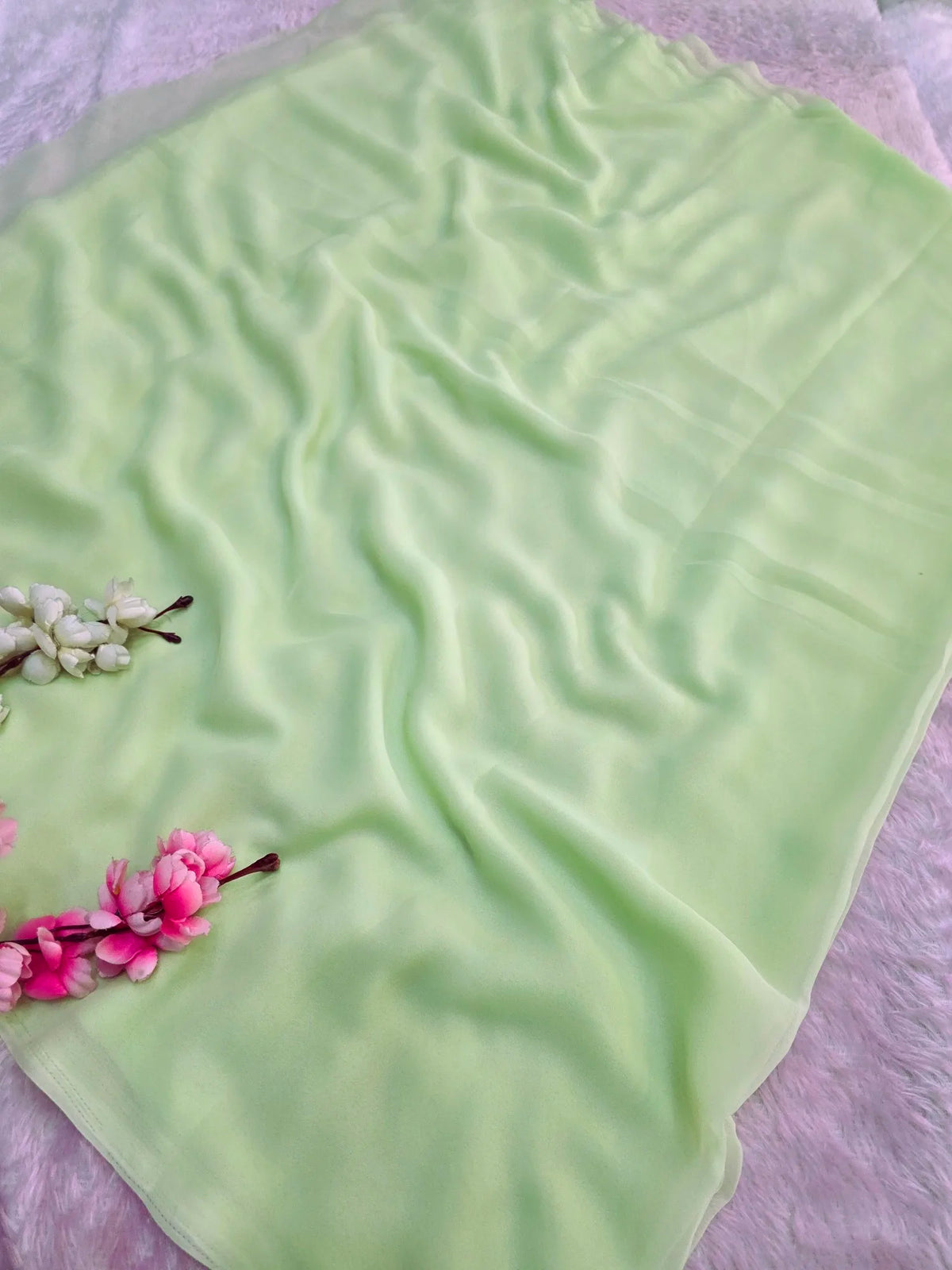 CA1520 Designer Soft Georgette Plain Saree with Designs Blouse - Parrot Green