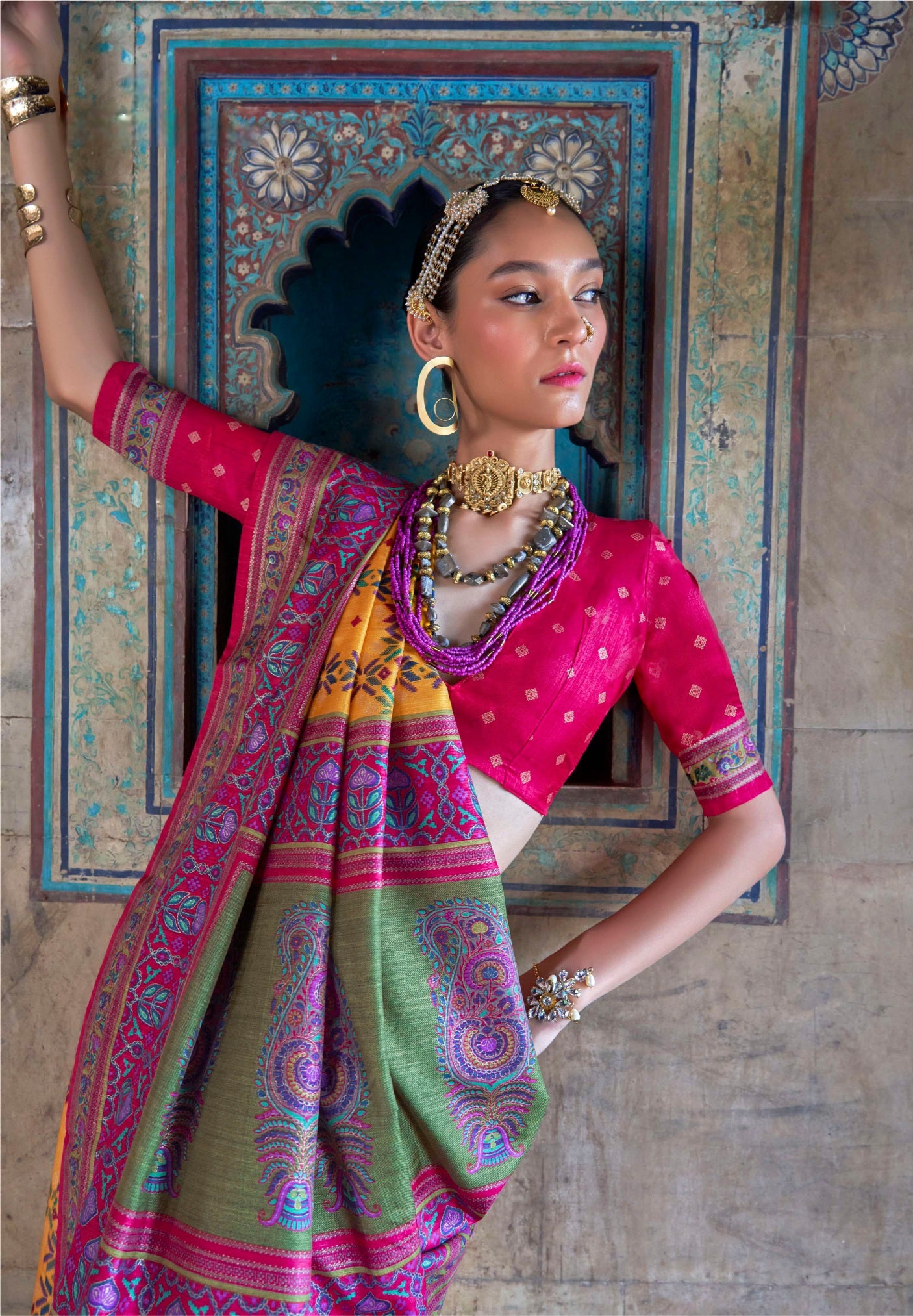 100706 Premium Patola Print Silk Saree With Gold Print - Yellow