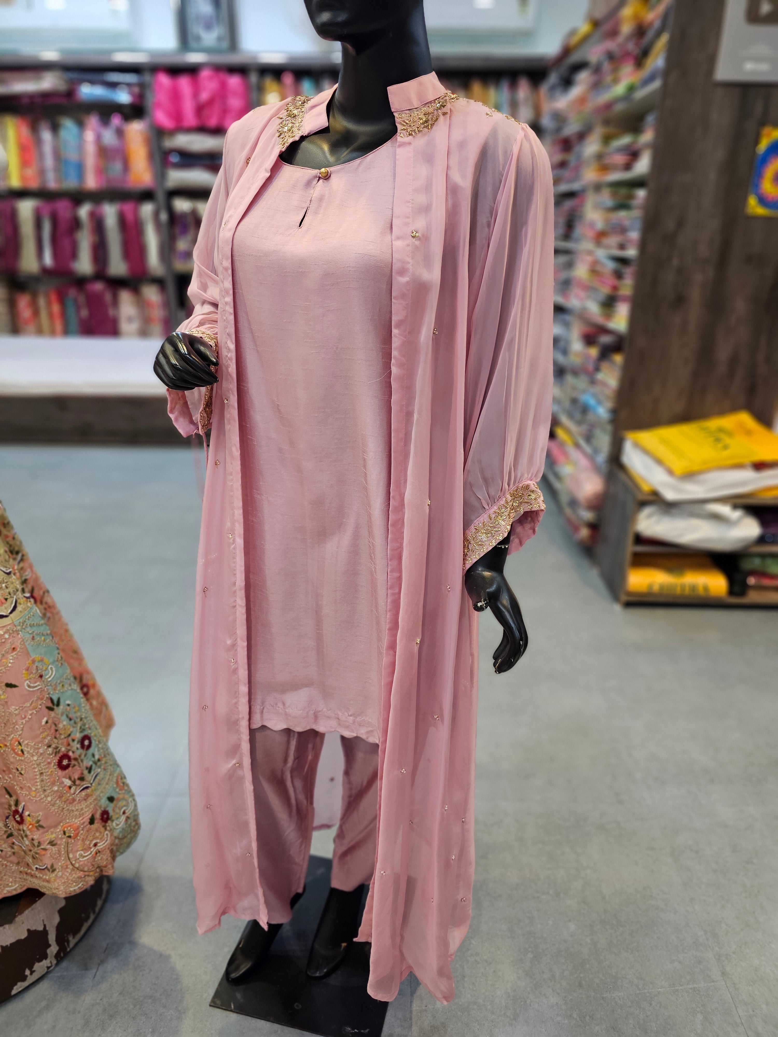 11672 Premium Pink Co-Ord Set with Designer Shrug having Zardosi Minimal Work