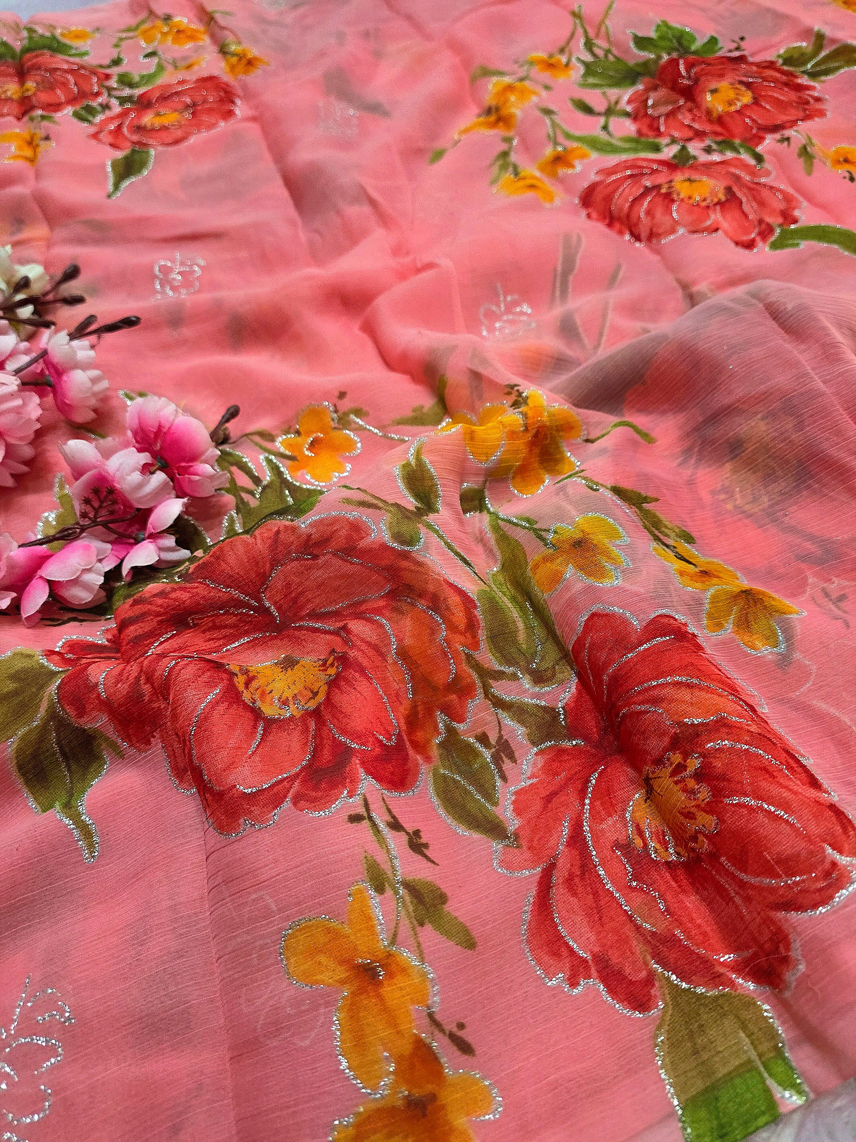 991002 Lightweight Elegant Semi Chiffon Flower Print Saree with Zari Print - Pink