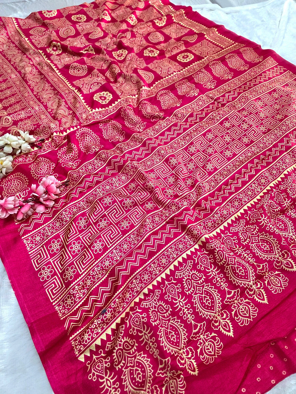 DS287 Semi Dola Silk Block Print Saree - Rani