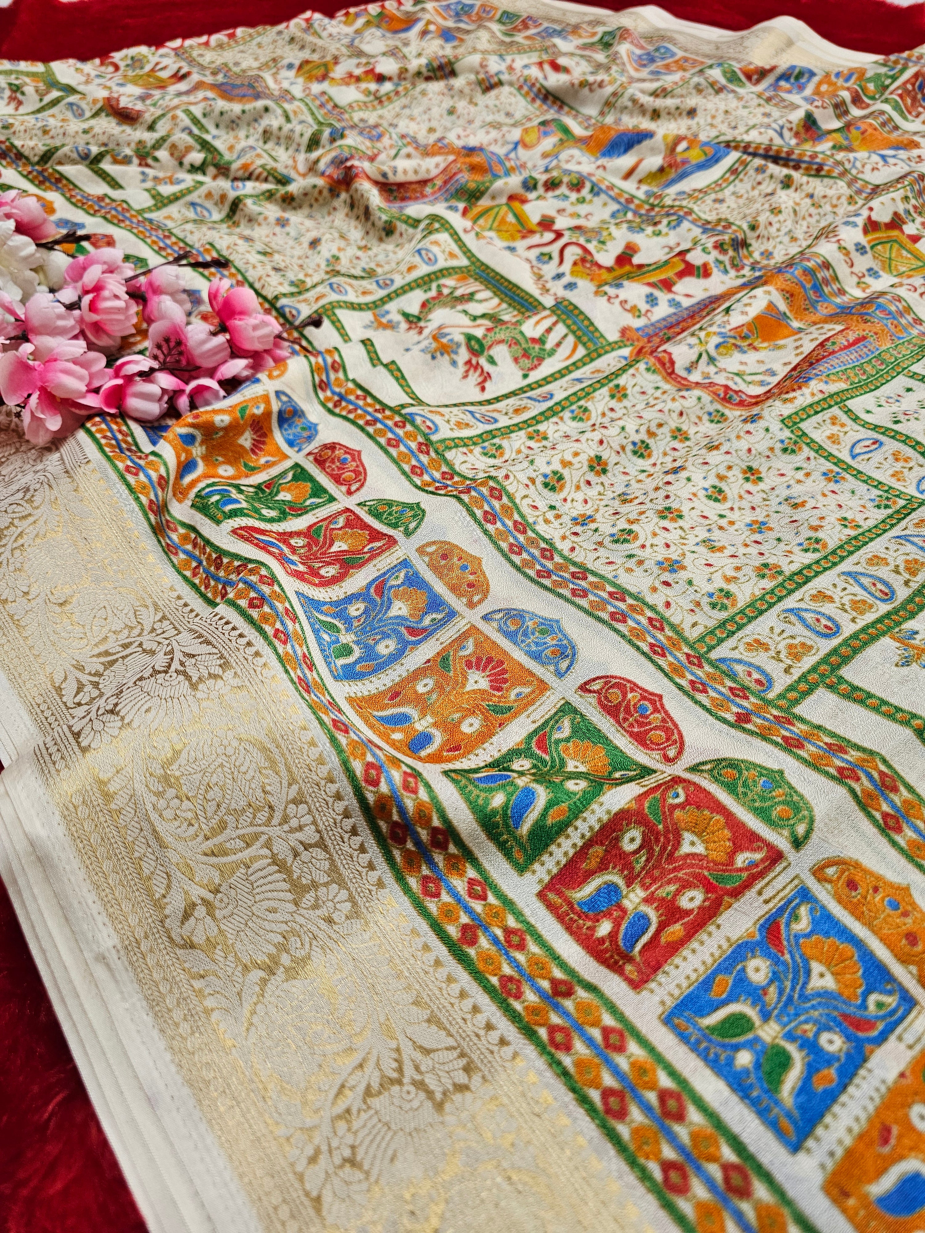 994001 Premium Kashmiri Print Self Weaving Crepe Silk Saree With Zari Weaving Border - Cream