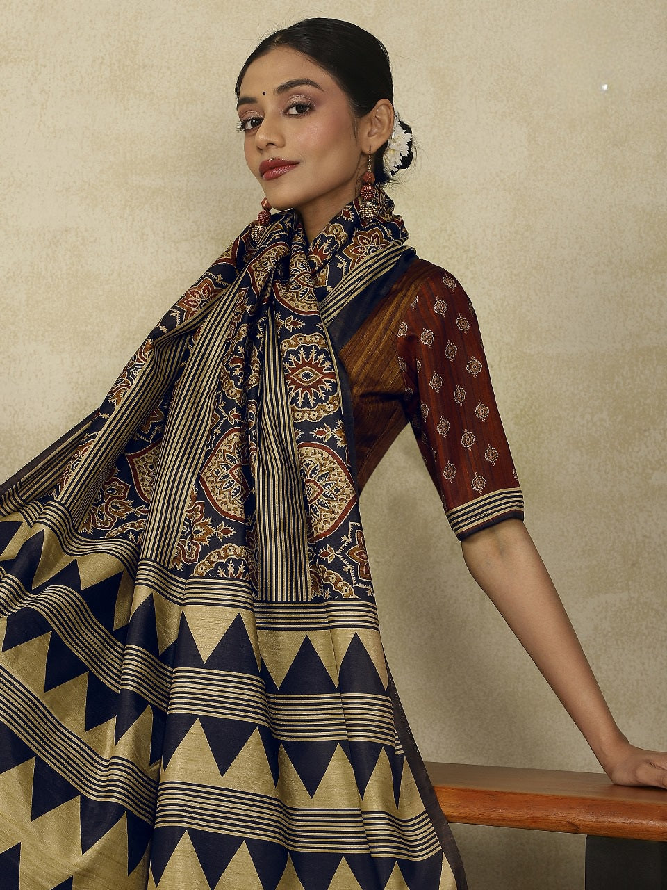 970003 Traditional Ajrakh Print Kozy Silk Light Weight Saree