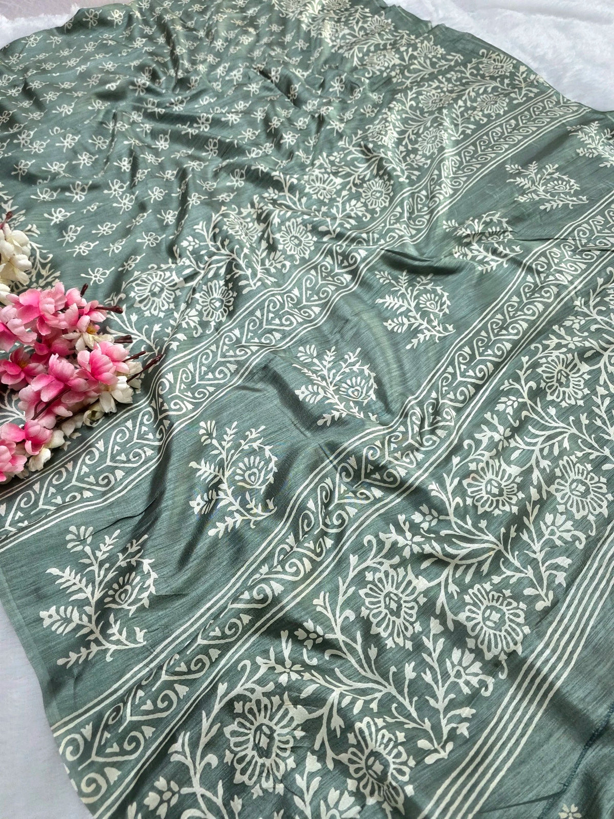 KS121 Semi Dola Silk Block Print Saree - Dusty Green