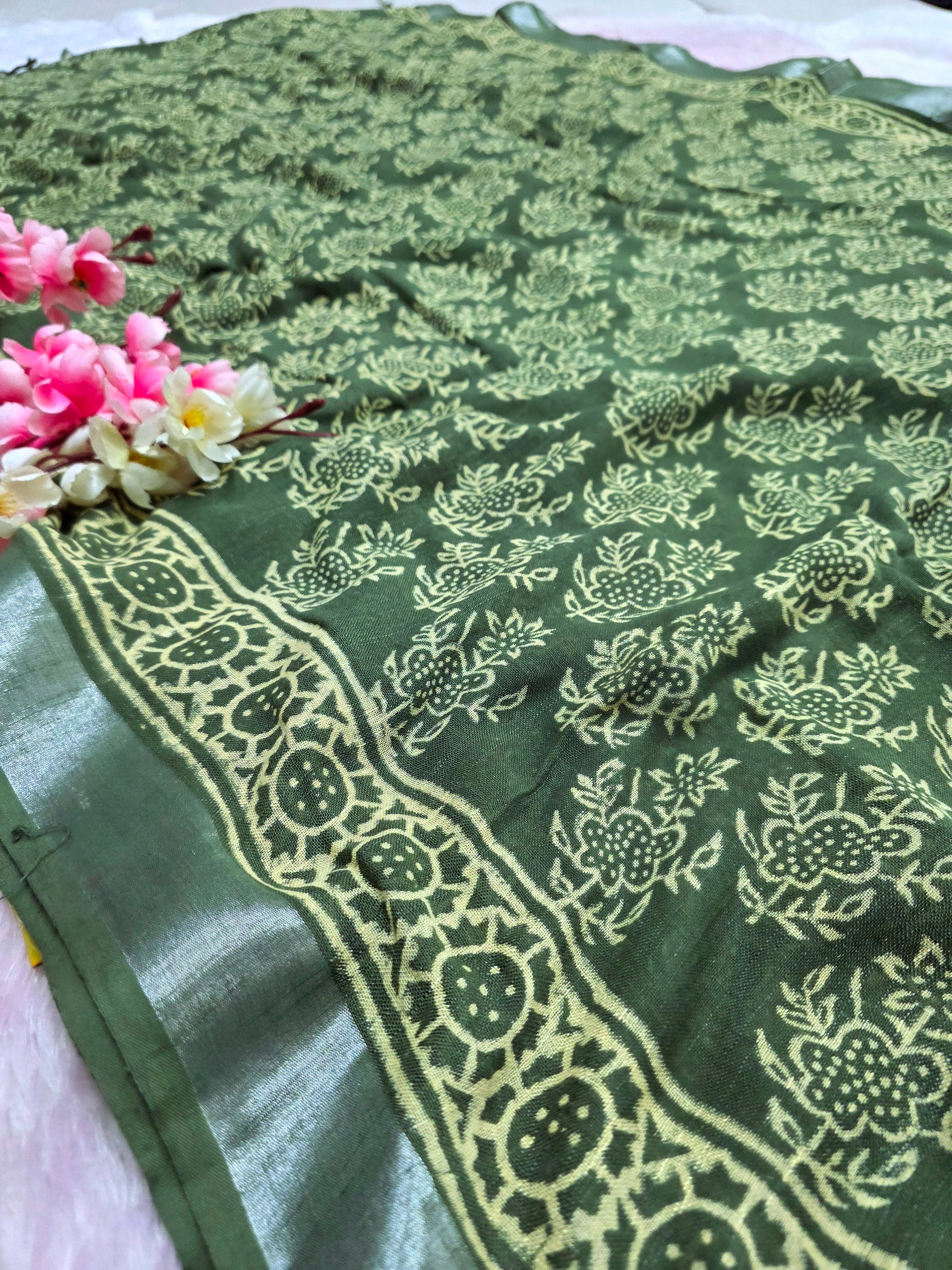 CA1445 Pure Rajasthani Linen Saree With Hand Print Light Green Saree