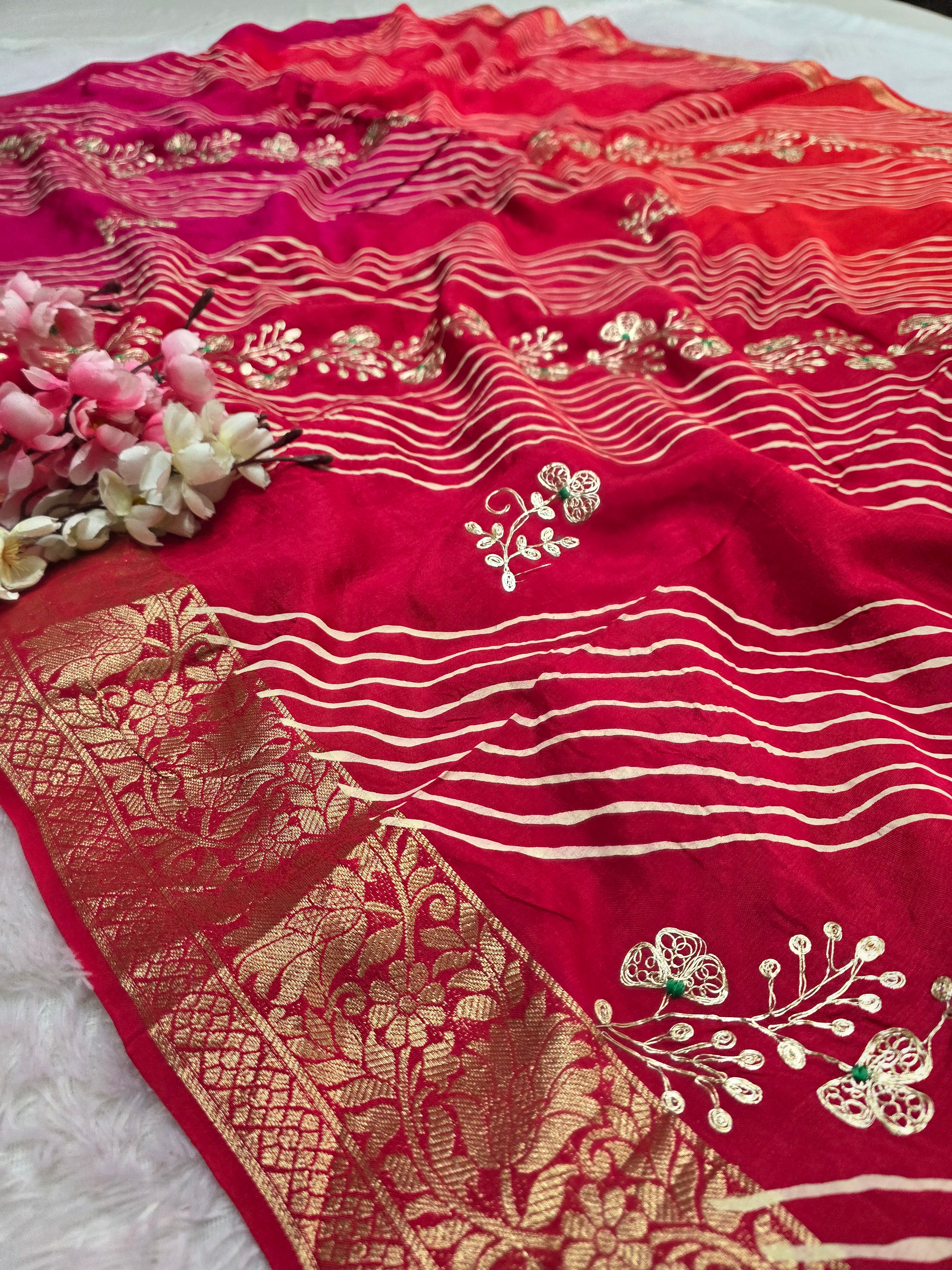 CA0688 Pure Dola Silk Lehariya Saree with Bandhani Having hand Pitta Work
