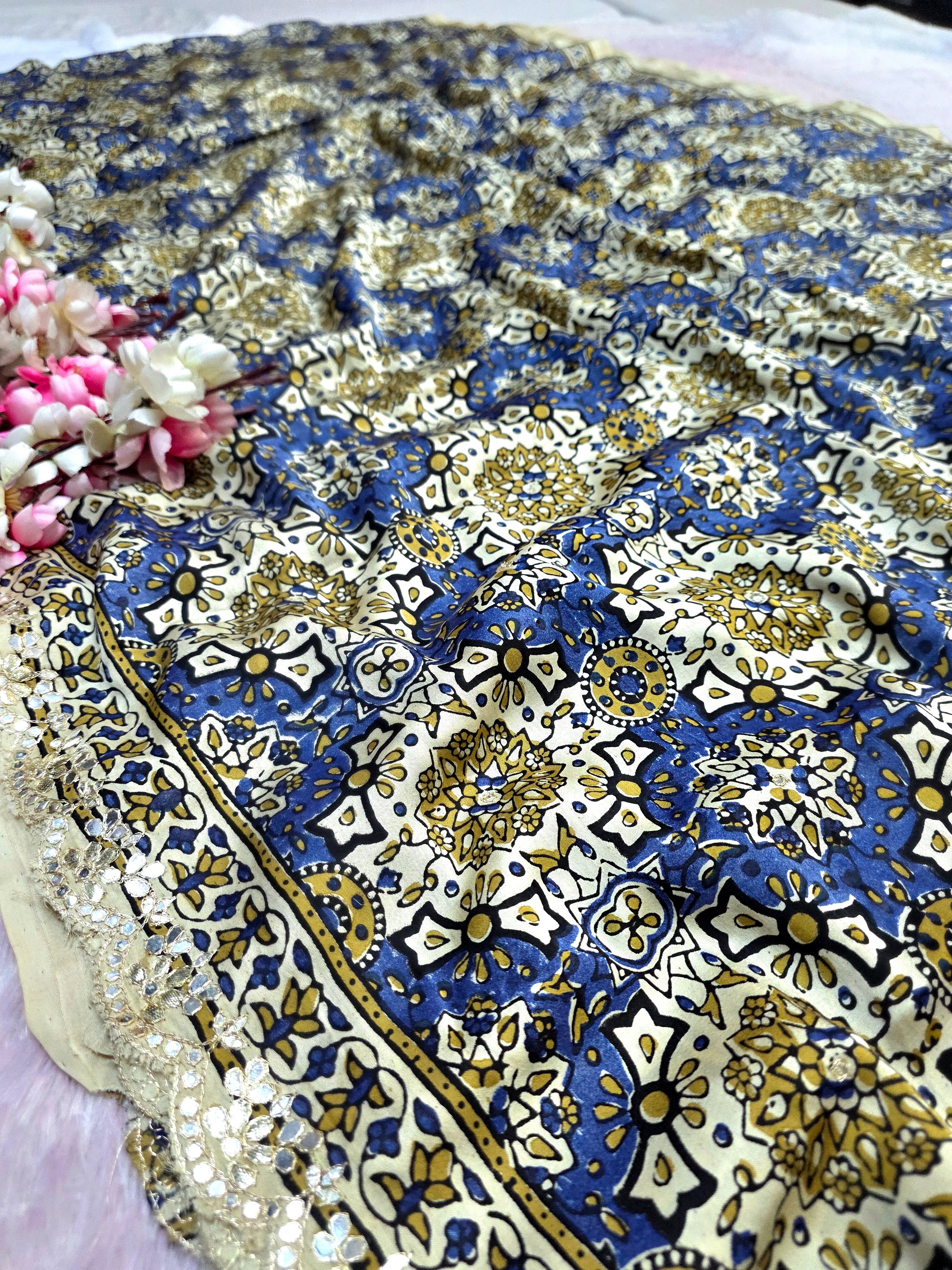 CA0757 Pure Modal Silk Hand Ajrakh Saree with Aari - Tari Work - Cream