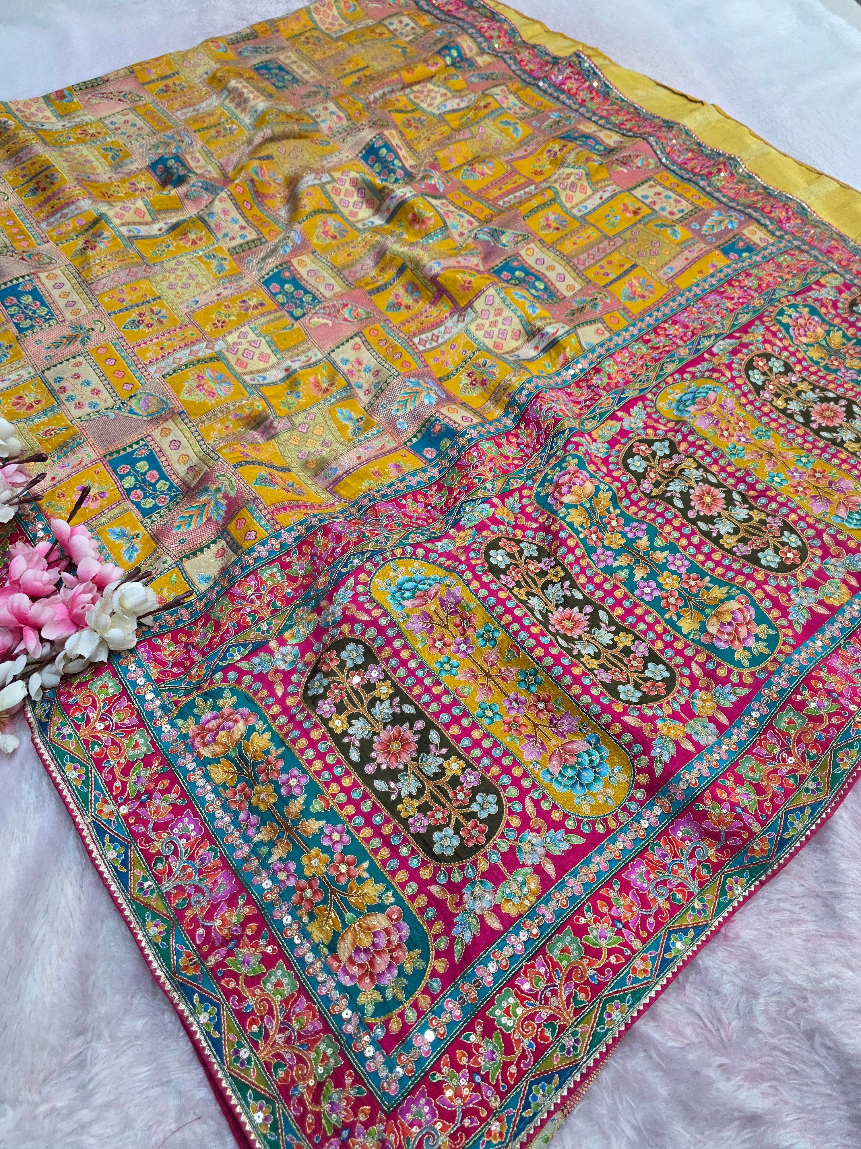 1070 Royal Kashmiri Pashmina Saree with Designer Stitched Blouse - Mustered