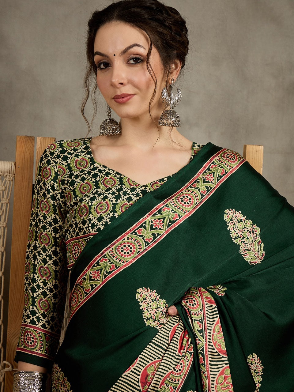 823005 Trending Ajrakh Print Semi Modal Silk Green Saree