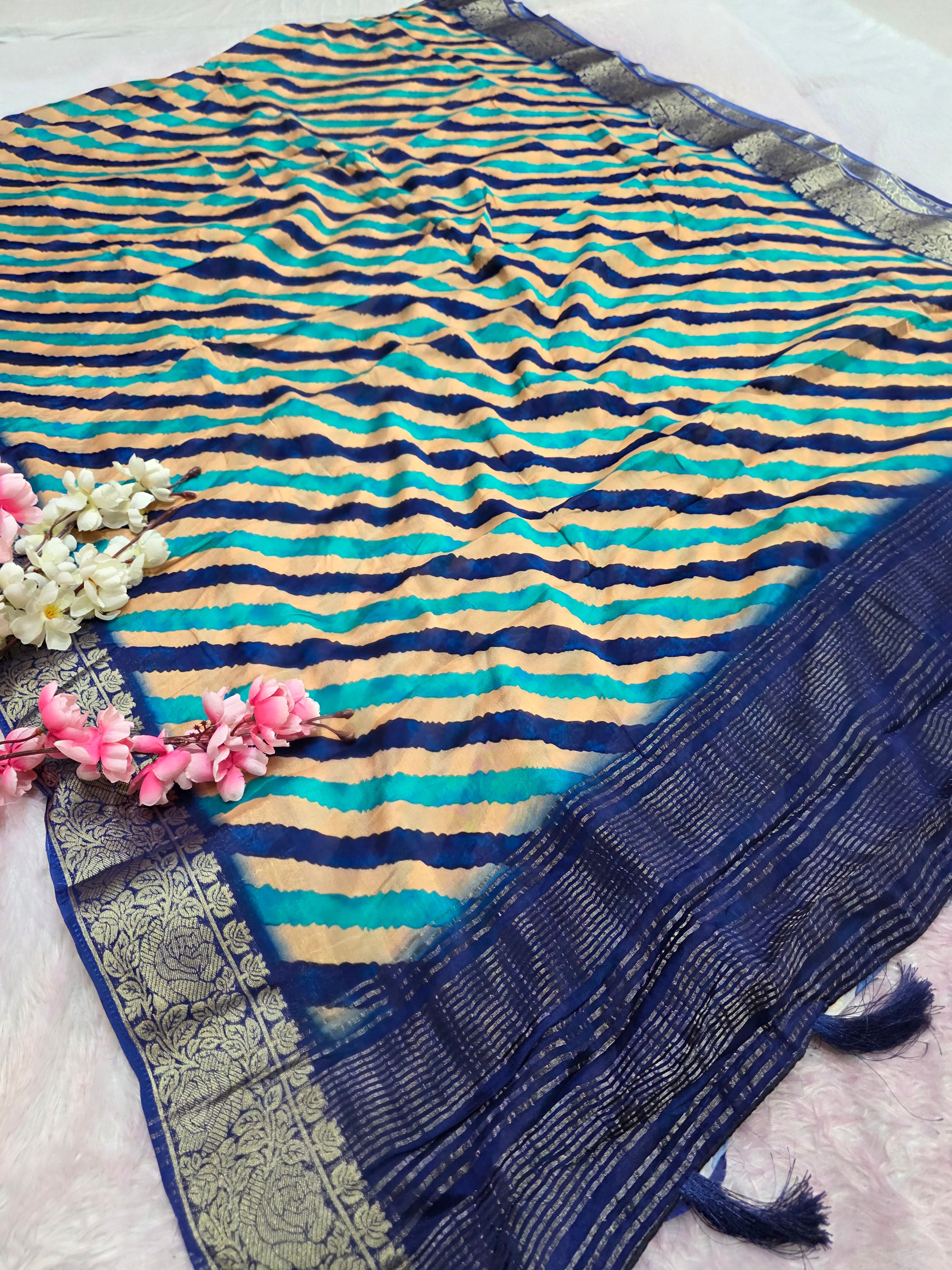 CA0700 PURE CHINON LAHRIYA SAREE Blue