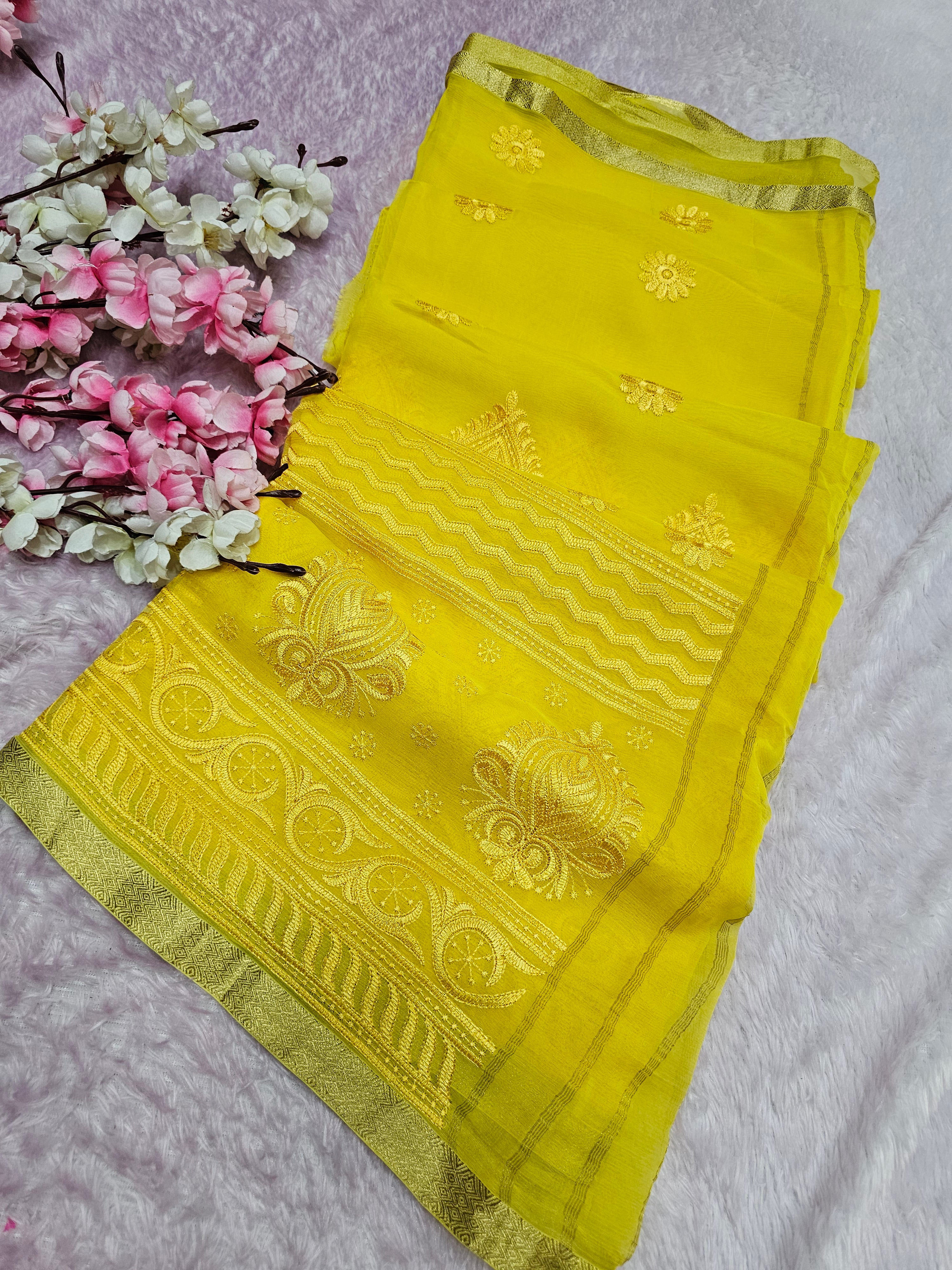2442 Pure Exclusive Original Chiffon Yellow Saree with Embroidery and Zari Work Without Blouse