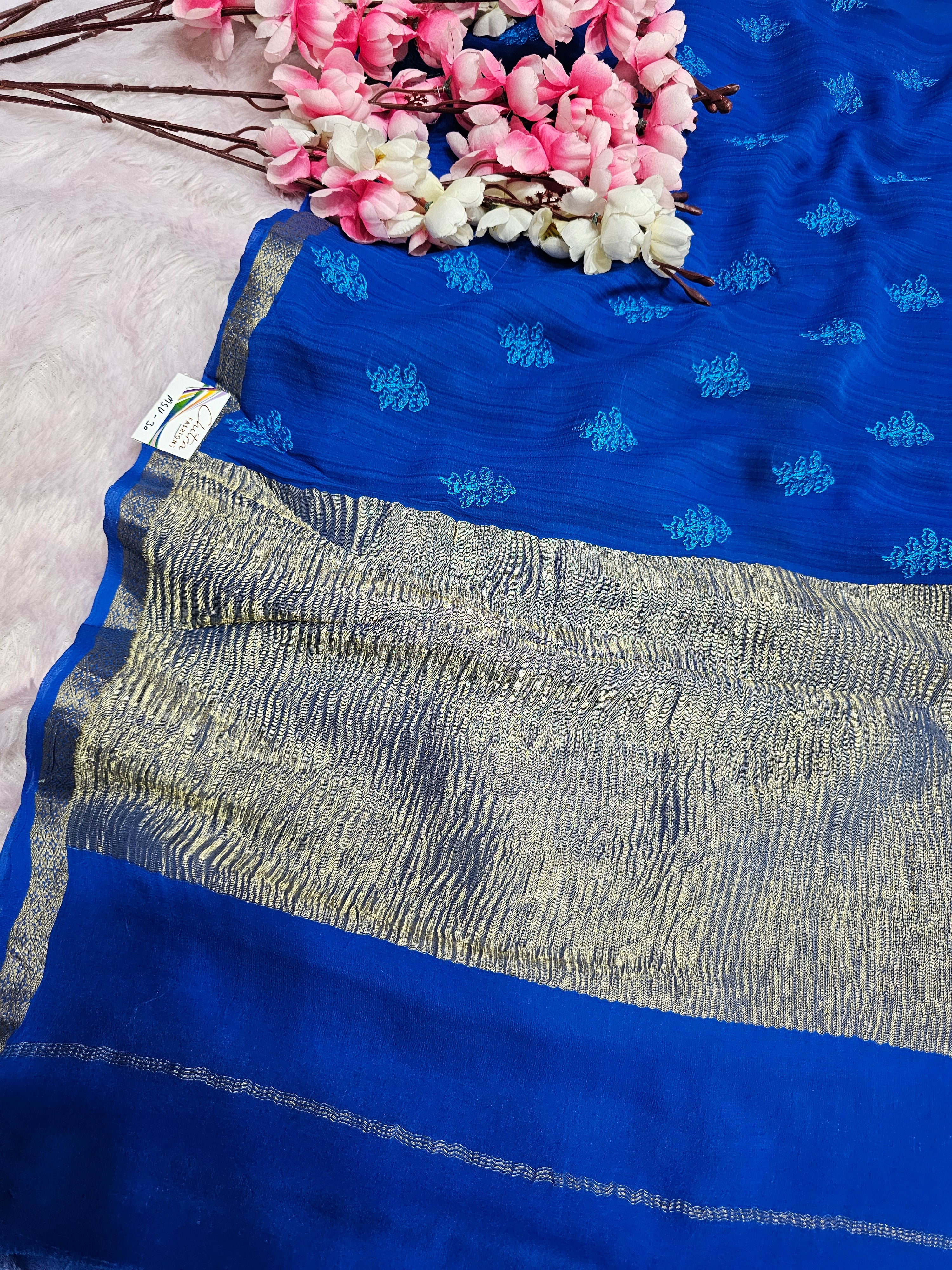 2354 Pure Exclusive Original Chiffon Blue Saree with Embroidery and Zari Work