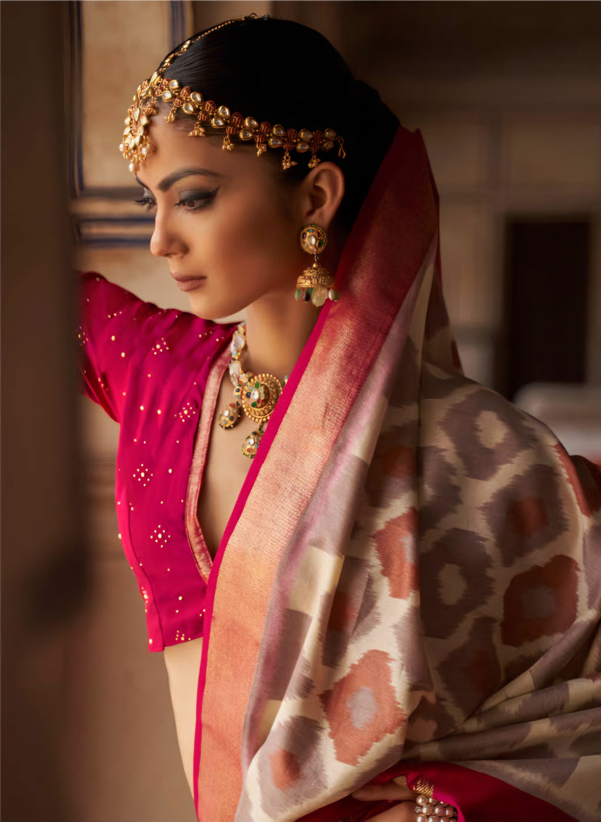 999004 Premium Patola Print Silk Cream Saree With Gold Print