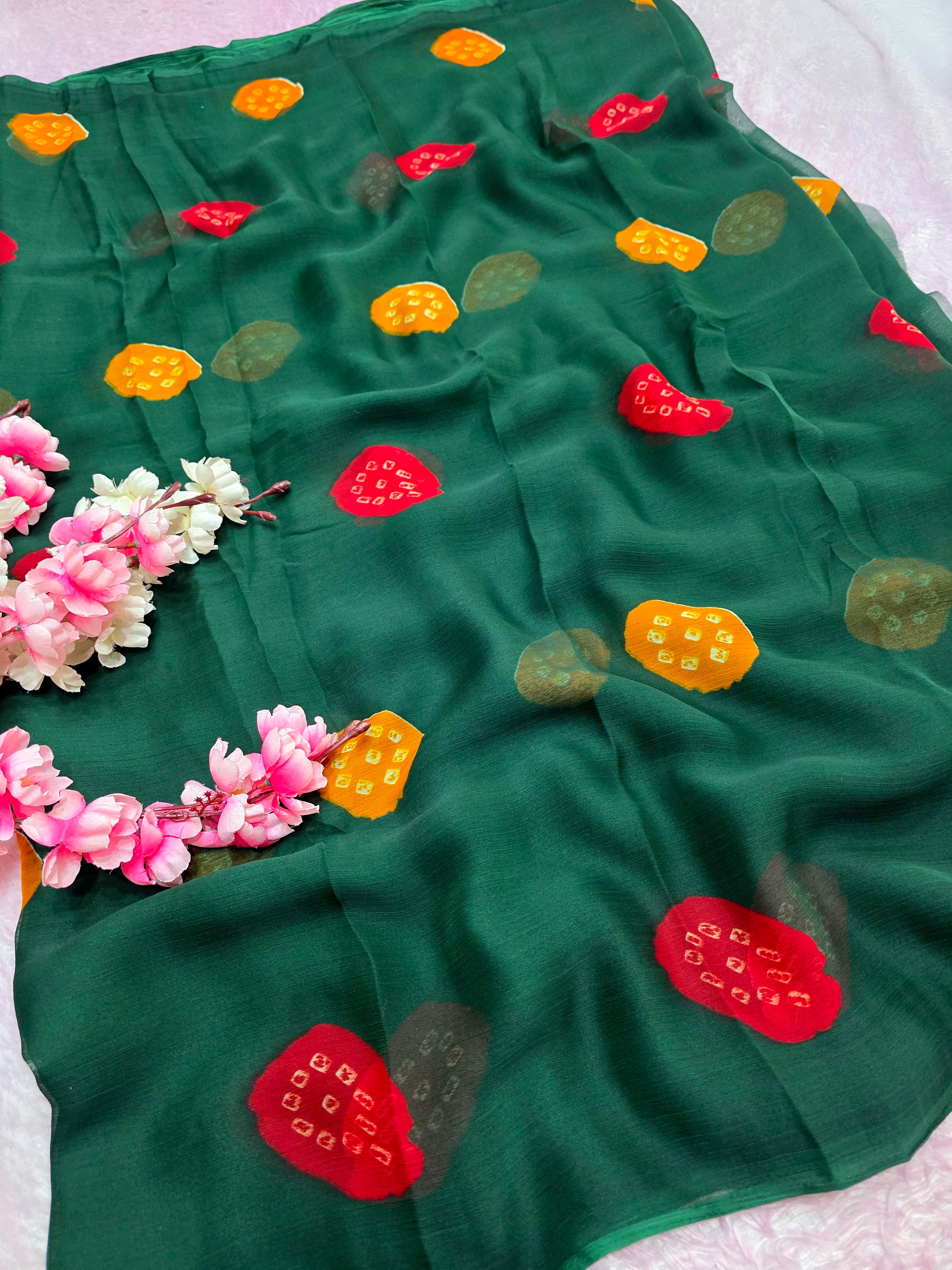 103906 Lightweight Elegant Semi Chiffon Bandhani Laddu Print Saree - Green