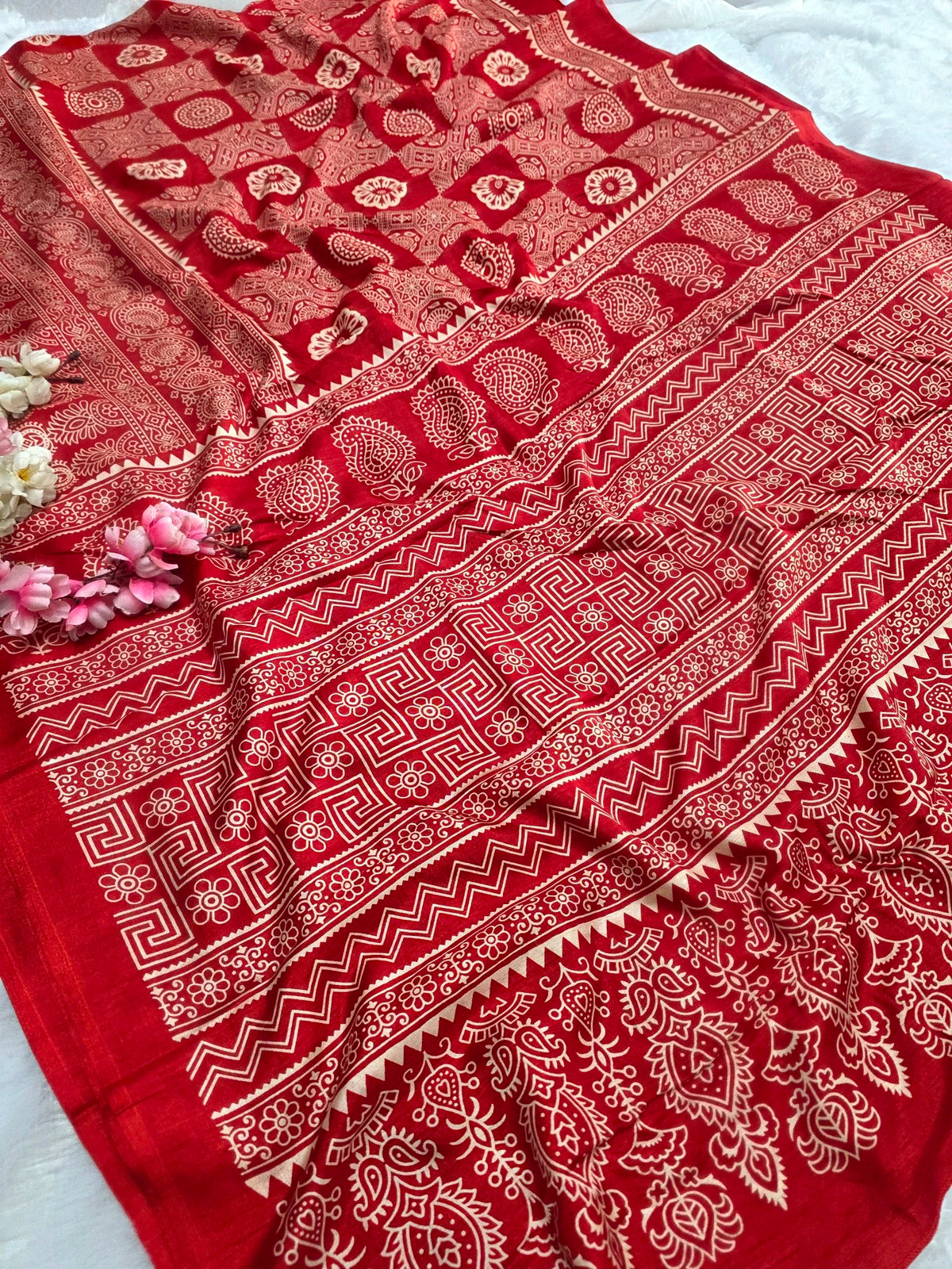 DS287 Semi Dola Silk Block Print Saree - Red