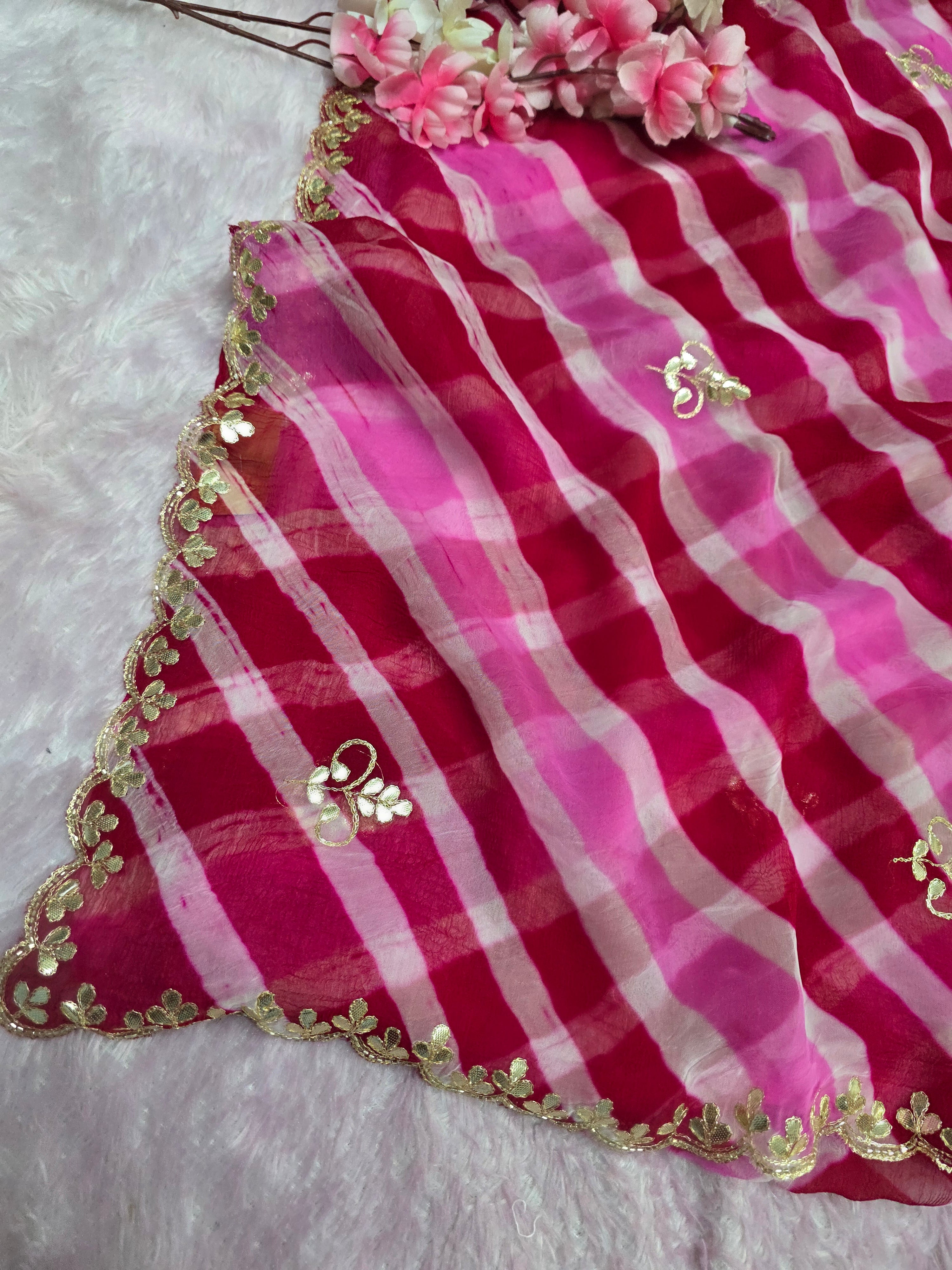 CA0758 Pure Chiffon Lehariya Saree with Gota Patti Work - Rani