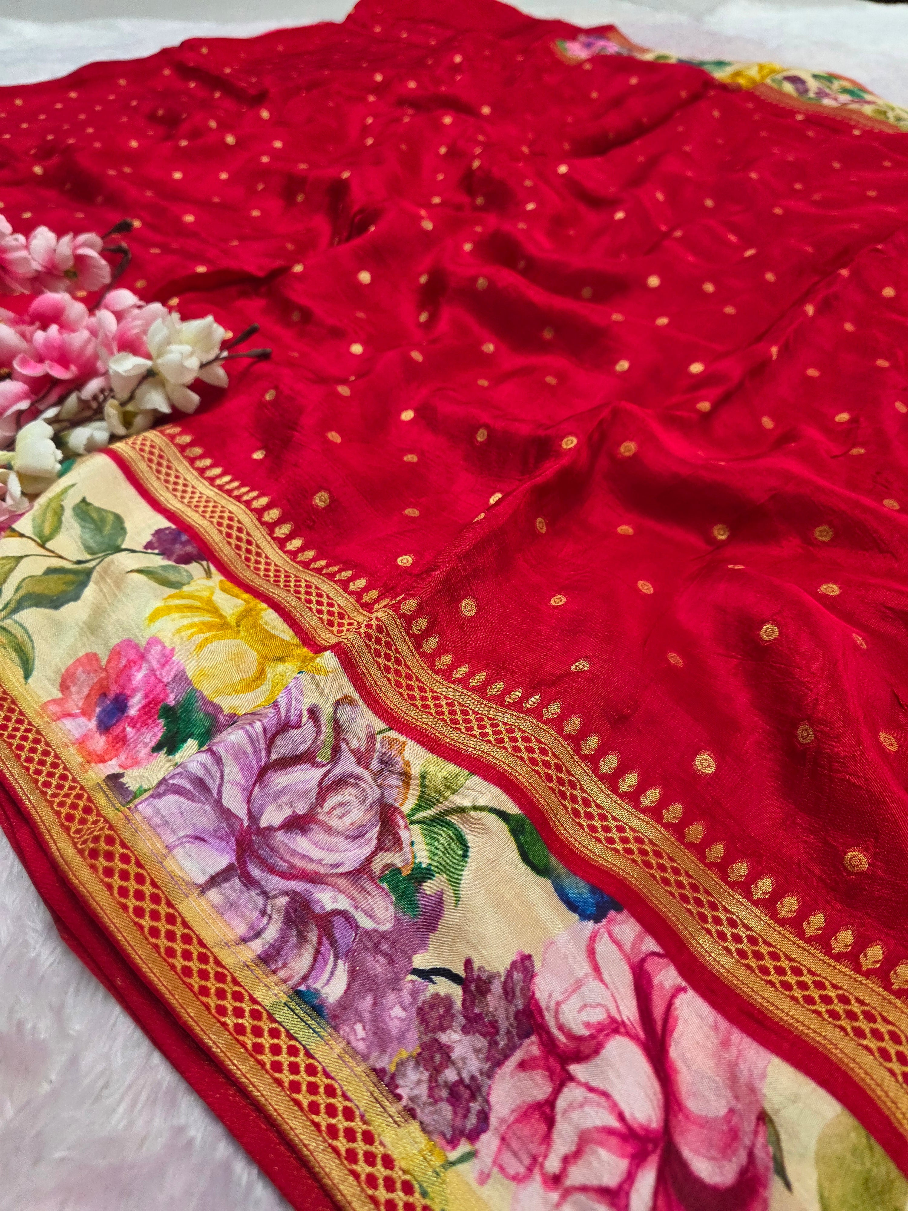 CA1029 Pure Viscose Silk Rajasthani Small Zari Butta Saree with Colorful Flower Print Border