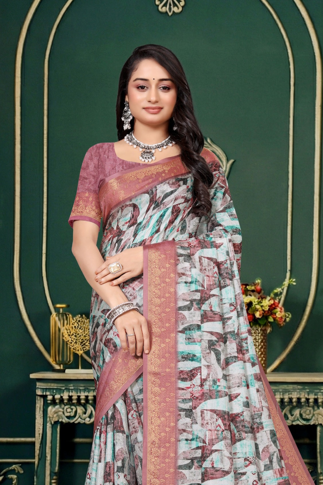102205 Designer Soft Dola Silk Flower Printed Saree with Zari Weaving Border