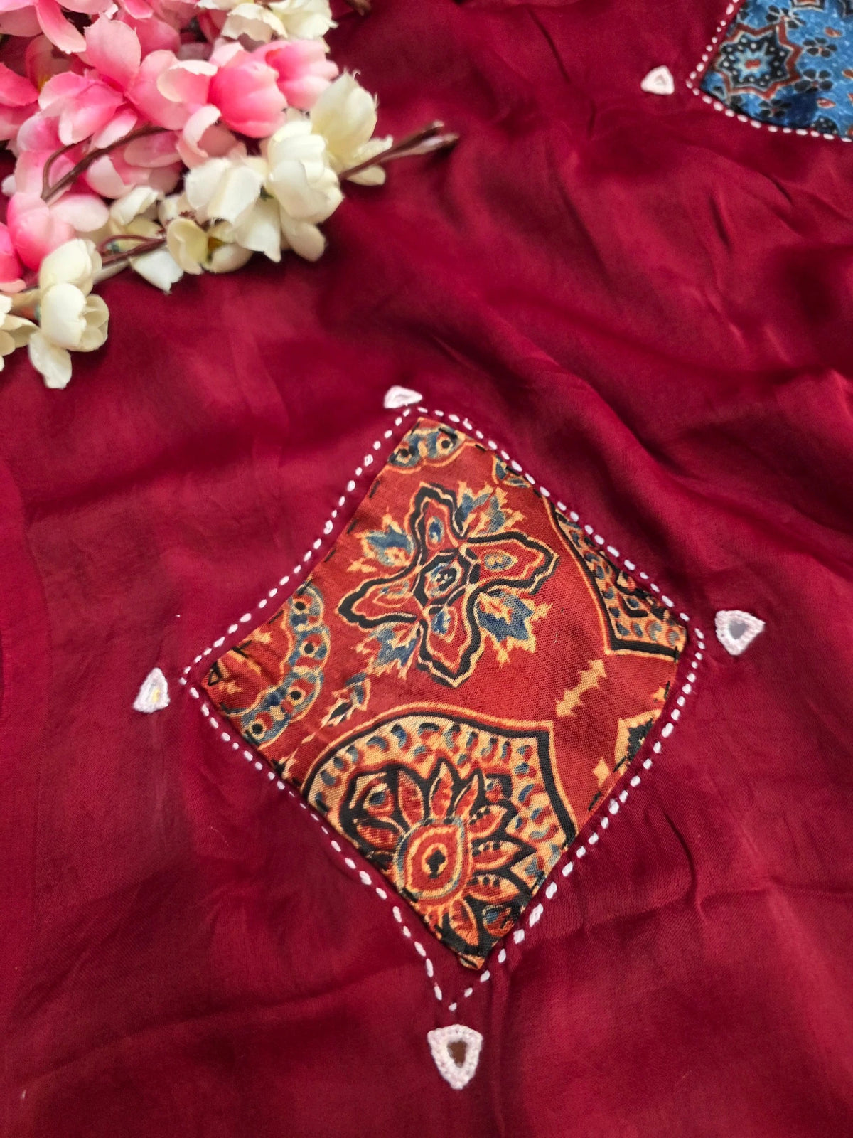 5720 Pure Modal Silk Saree with Hand Ajrakh Patch Work and Mirror - Red