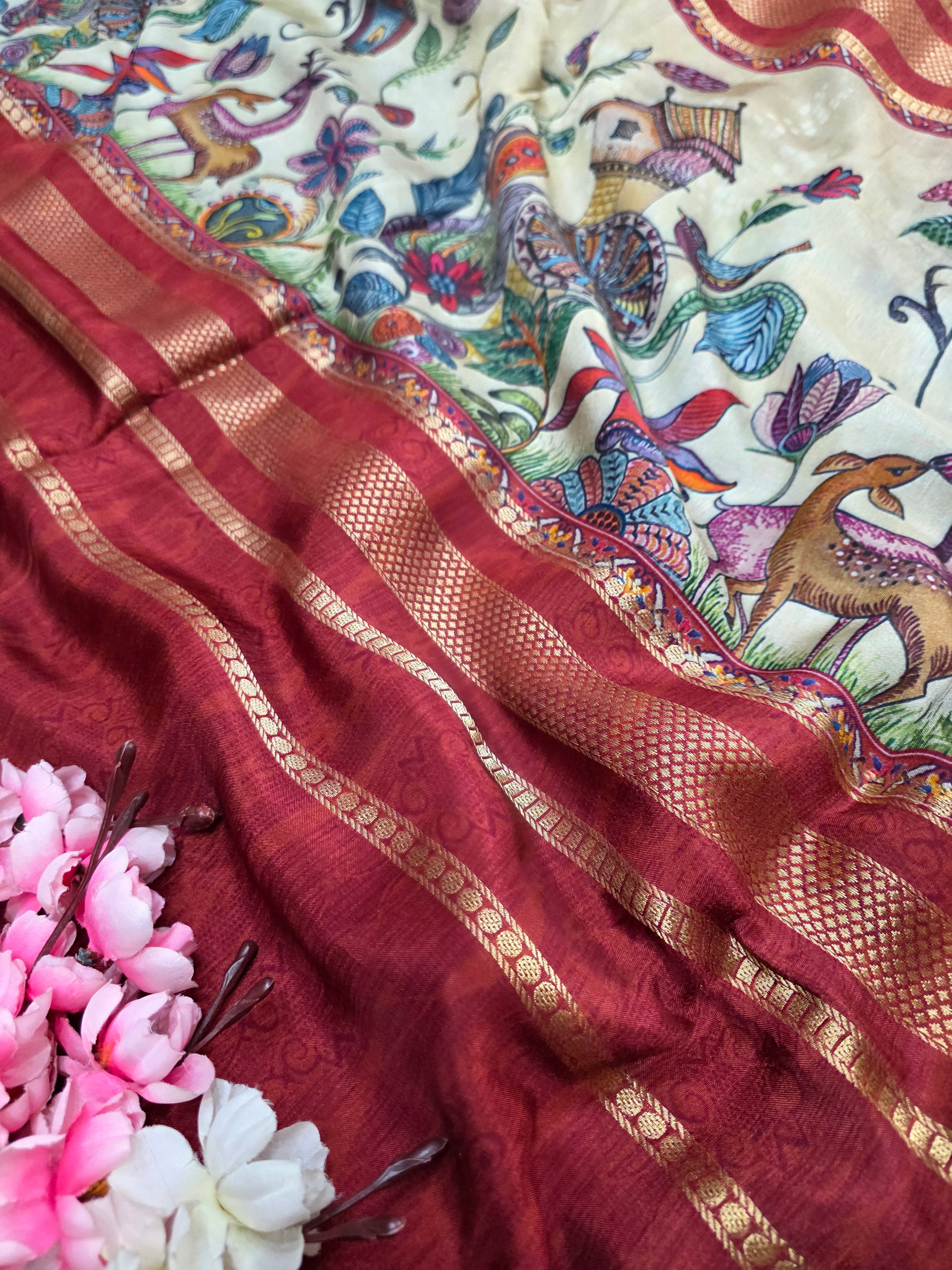 शुद्ध टसर सिल्क हाथ से बनी लेहरिया साड़ी प्रीमियम गोटापट्टी वर्क के साथ - 8837