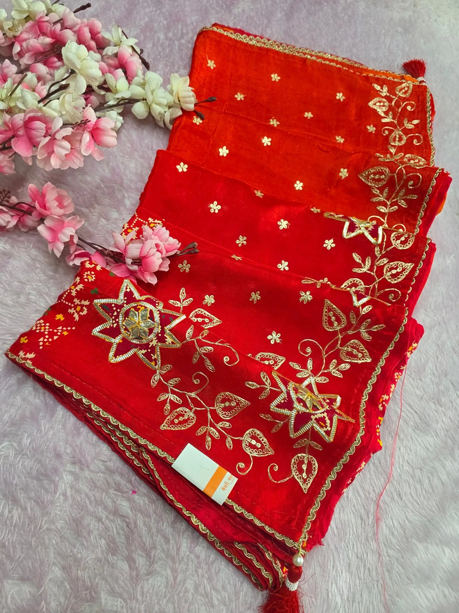 3080 Pure H.O. Silk Shaded Saree with Patola and Hand Pittan and Gota work Saree - Orange
