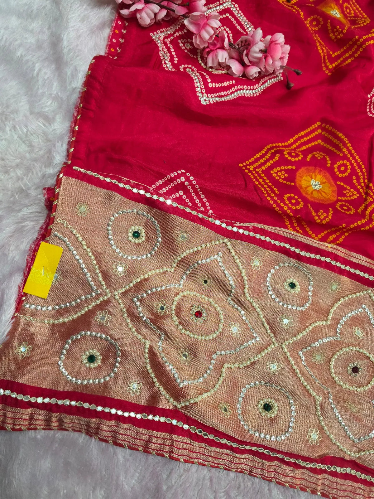 7300 Pure Upada Silk Bandhani Saree with Handwork - Red