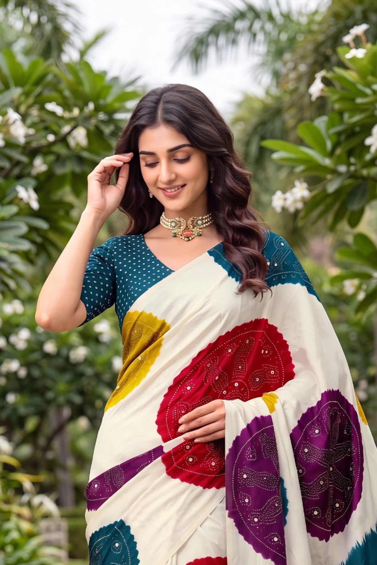 CA1499 Trending Mirror Work Ajrakh Patola Print Semi Modal Silk Saree - Teal