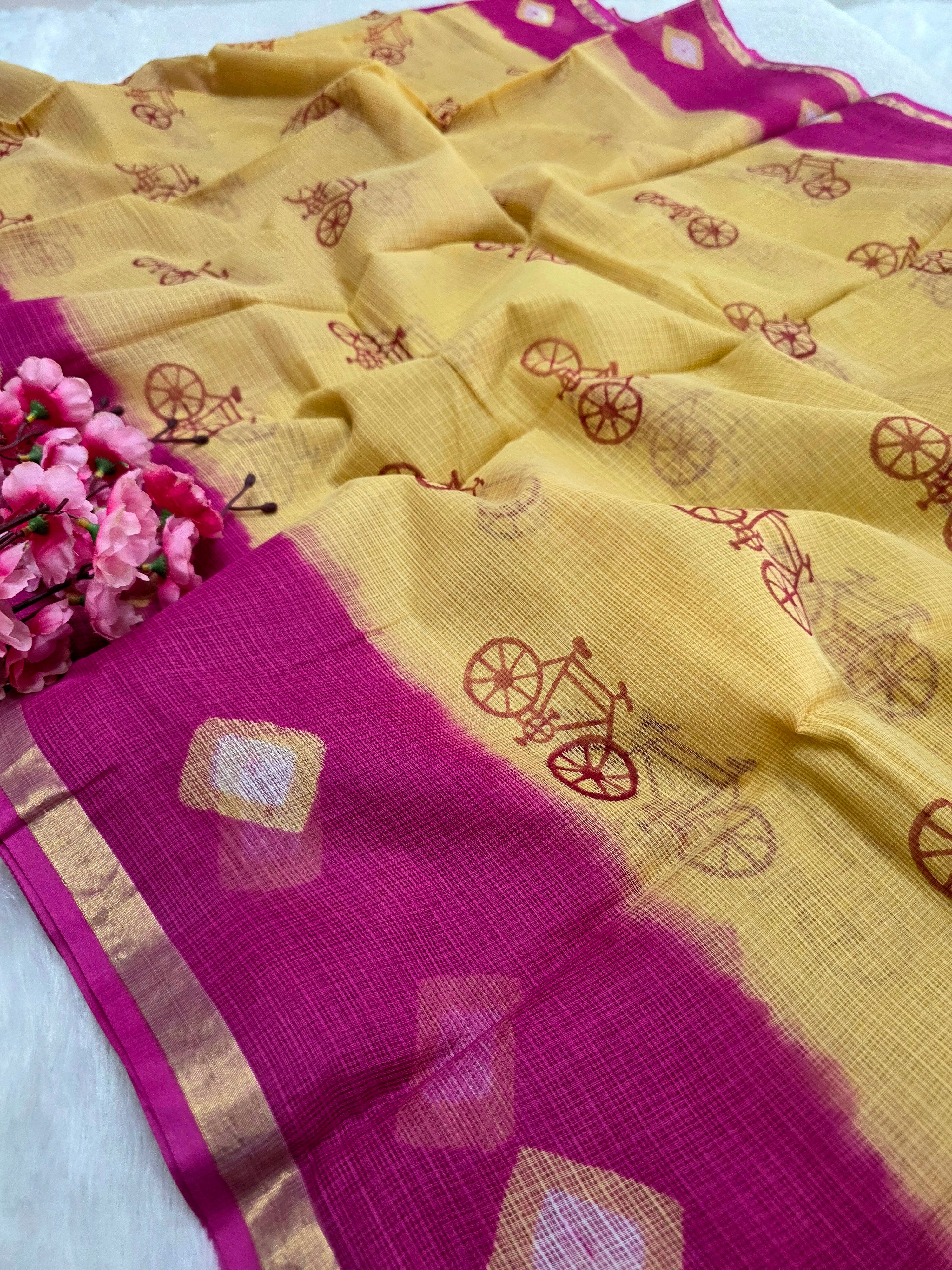 595002 शुद्ध कोटा डोरिया हैंडब्लॉक्ड प्रिंटेड साड़ी