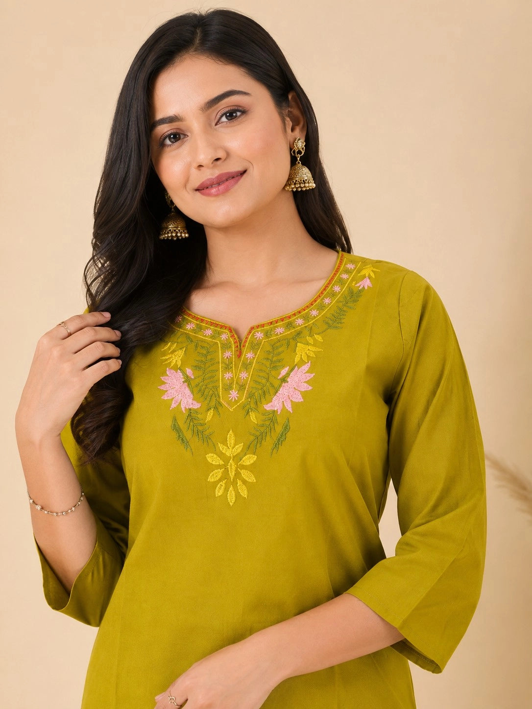 2201 Pure Cotton Green Color Co-Ord Set With Embroidery