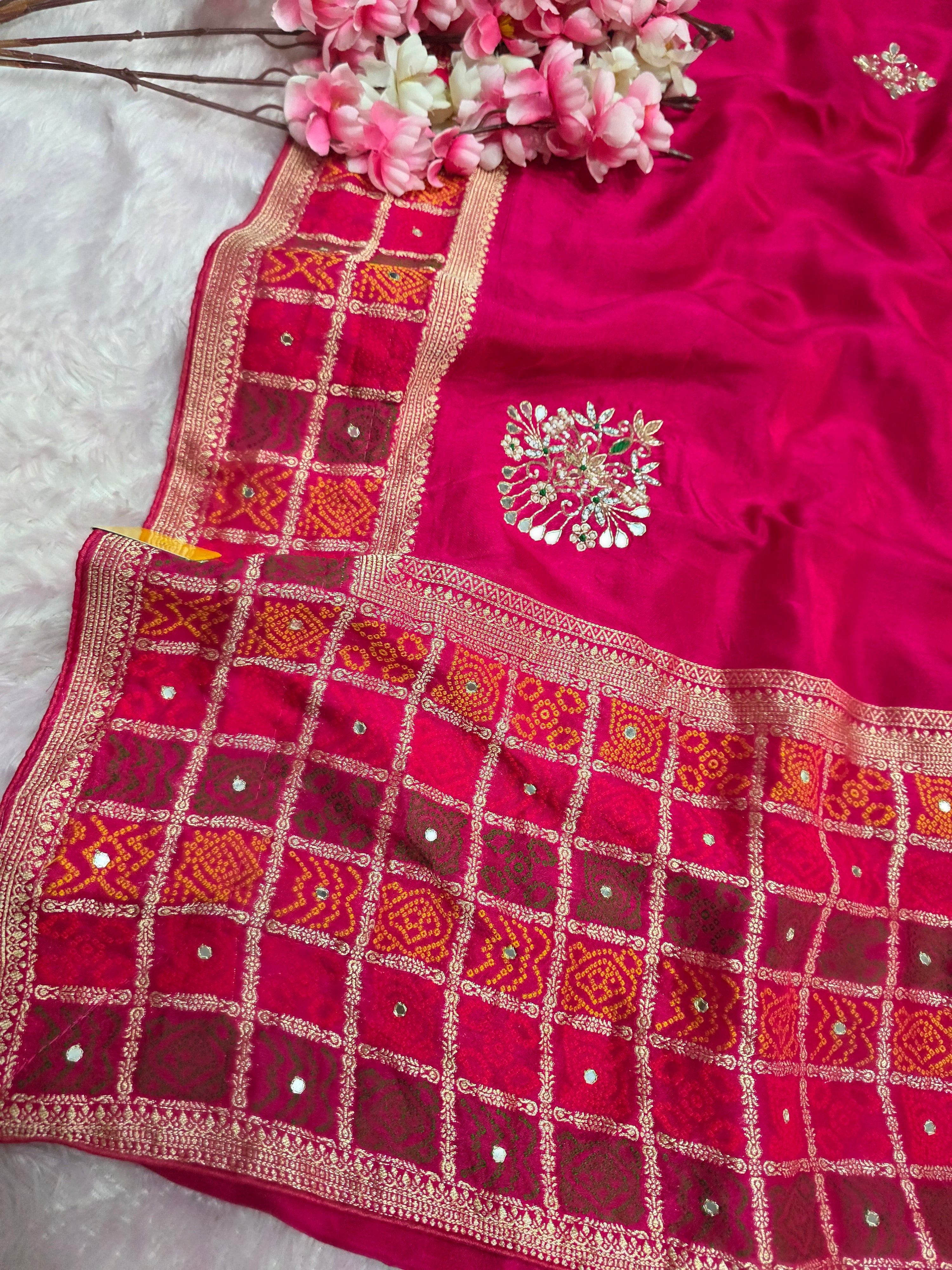 CA0740 Pure Dola Silk Bandhani Border And Handwork Saree - Rani