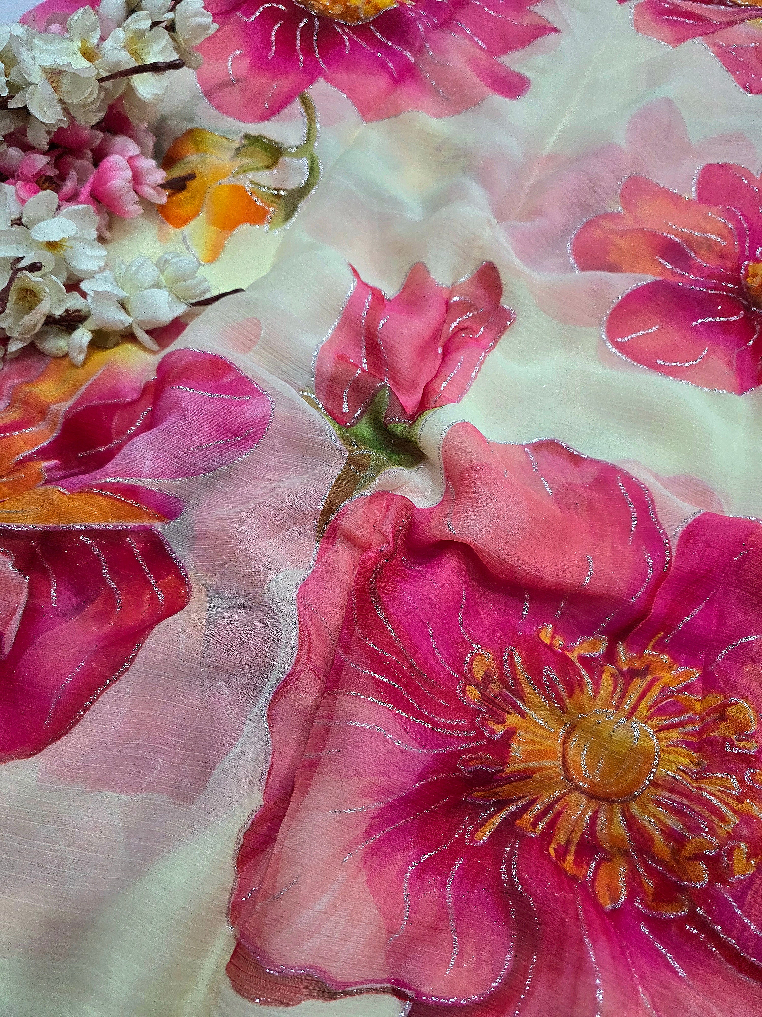 991001 Lightweight Elegant Semi Chiffon Flower Print Saree with Zari Print - Cream