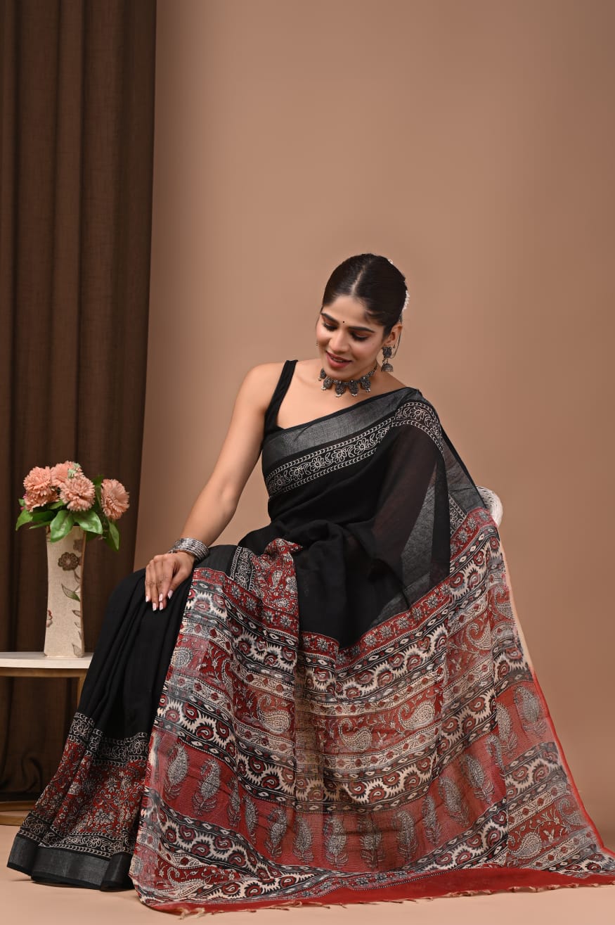 100205 Pure Rajasthani Natural Cotton Linen Hand Printed Saree