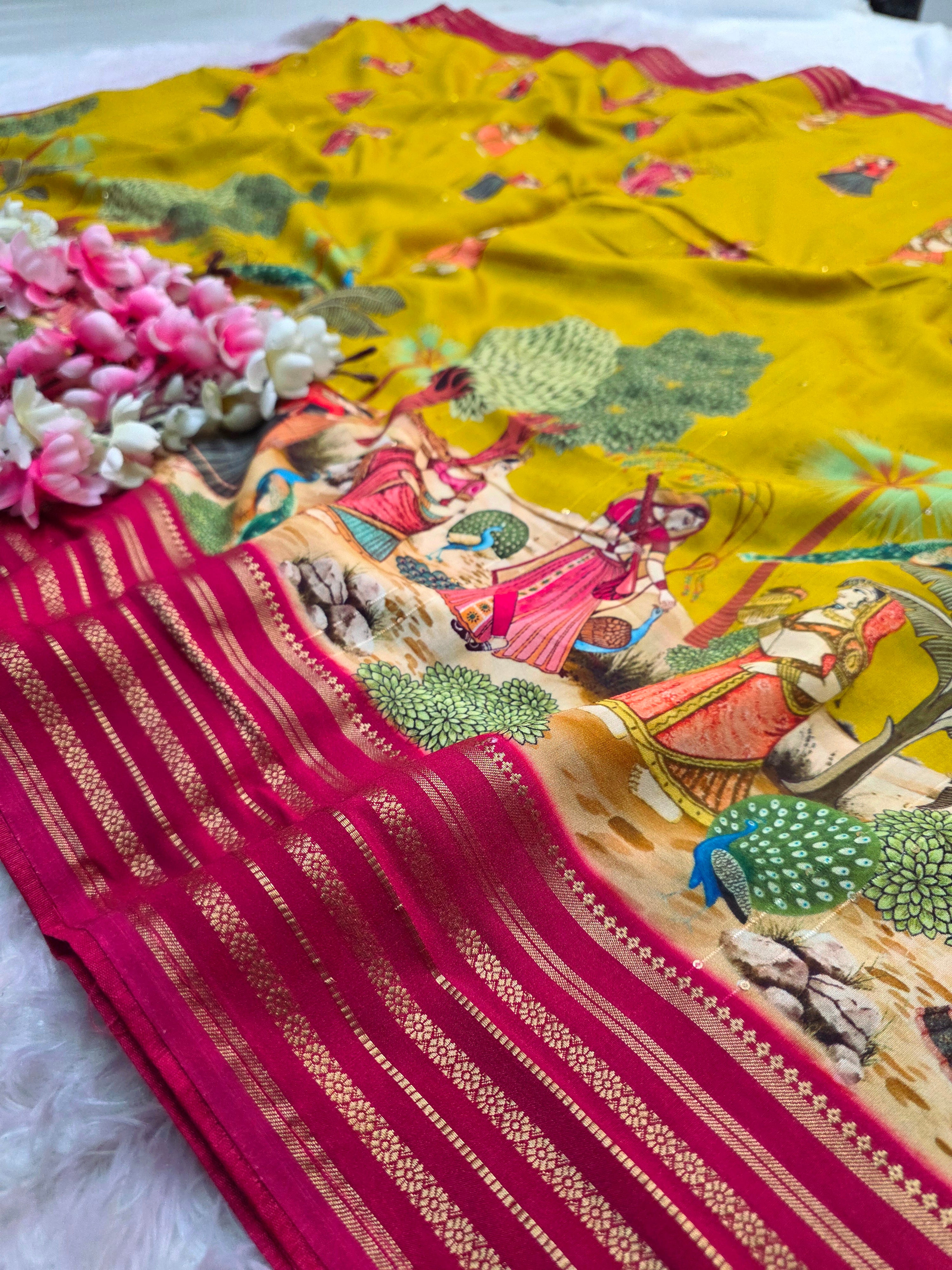 104006 Chitra Special Maslin Silk Designer Hand Print Saree with Zari Weaving Border