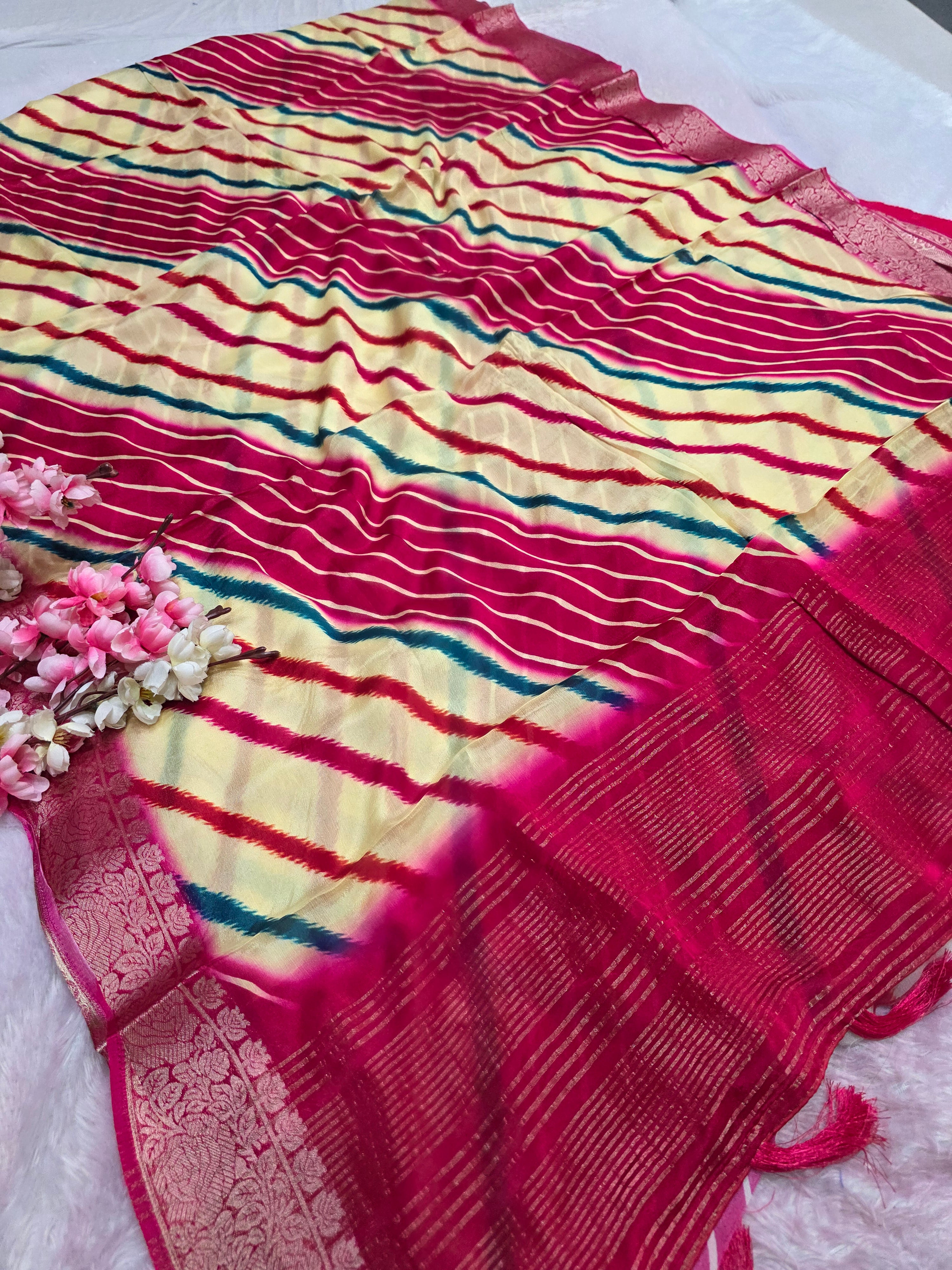 CA0697 PURE CHINON LAHRIYA SAREE - Rani