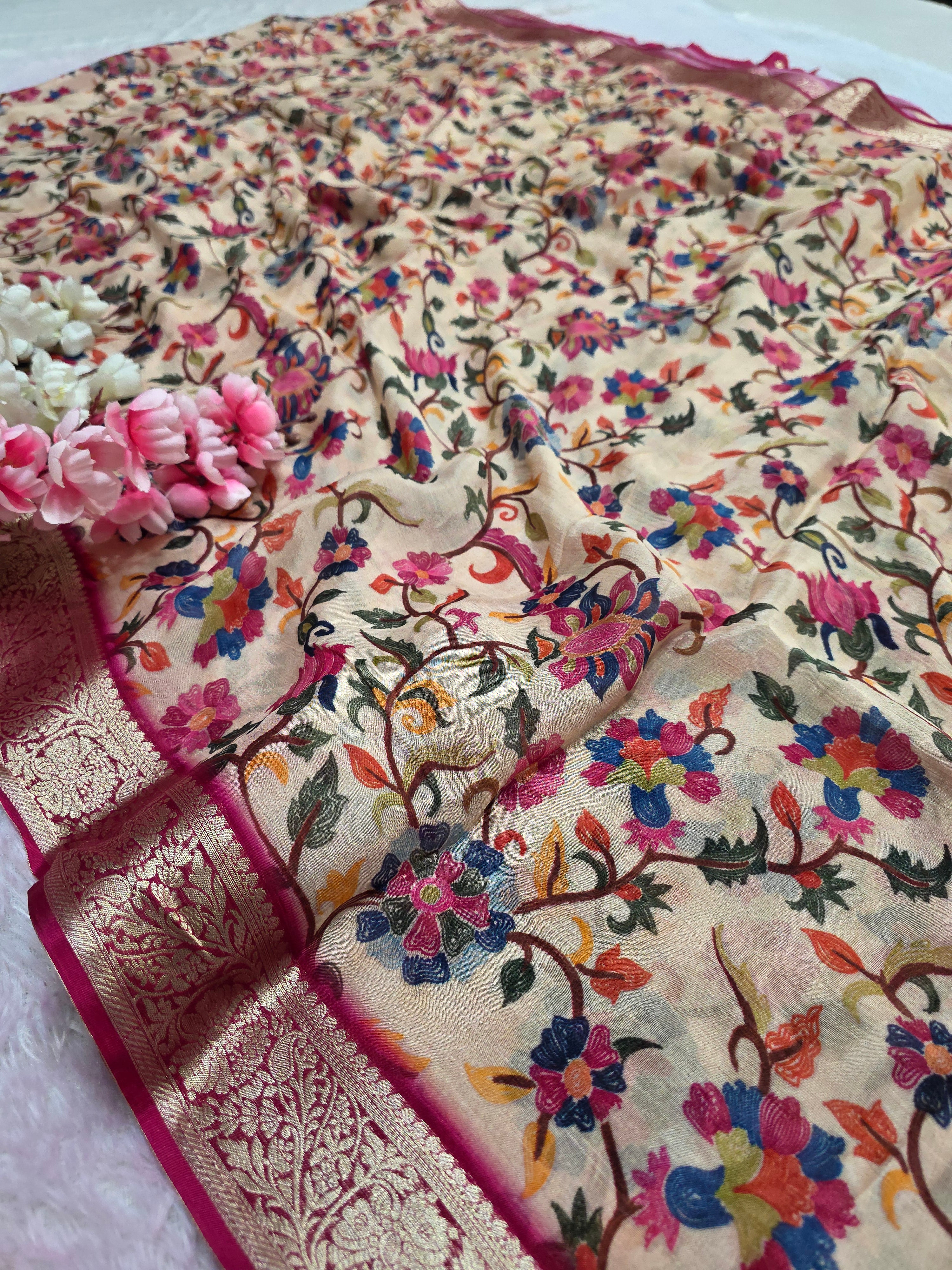 CA0704 pure chinon silk flower saree pink