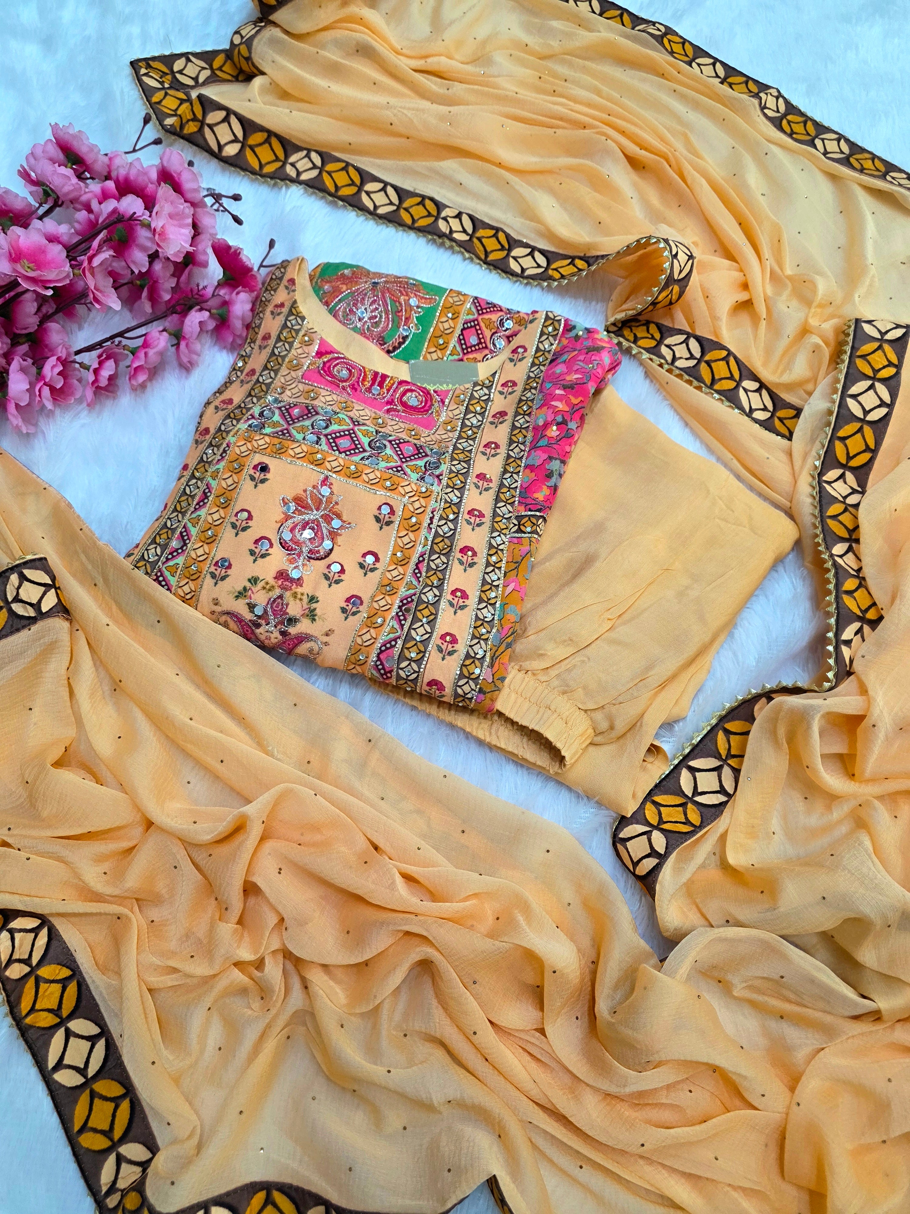 C81008 Very Unique Pure Crepe Multicolor Aline Kurti with Pant and Dupatta
