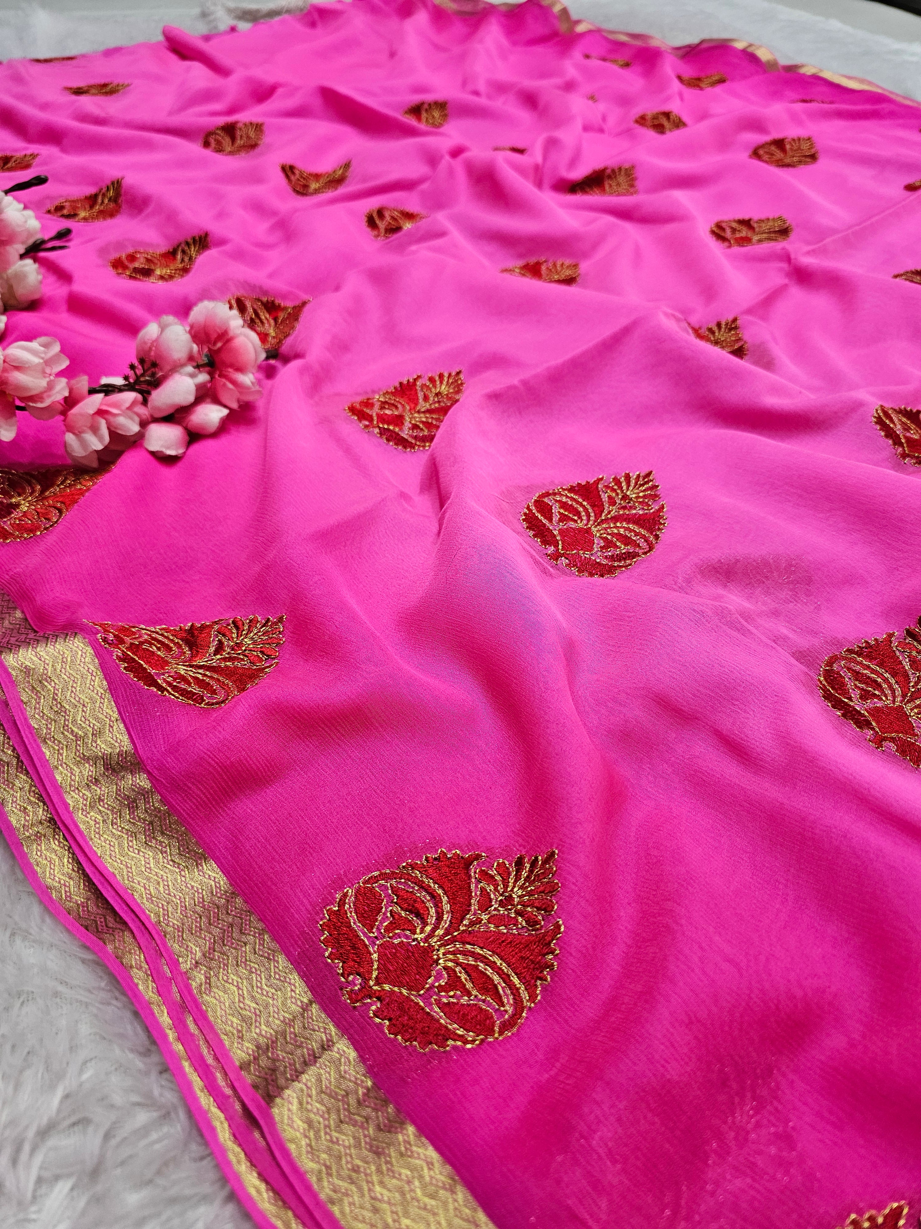 148001 Pure Diamond Chiffon Saree With Embroidery and Zari Border